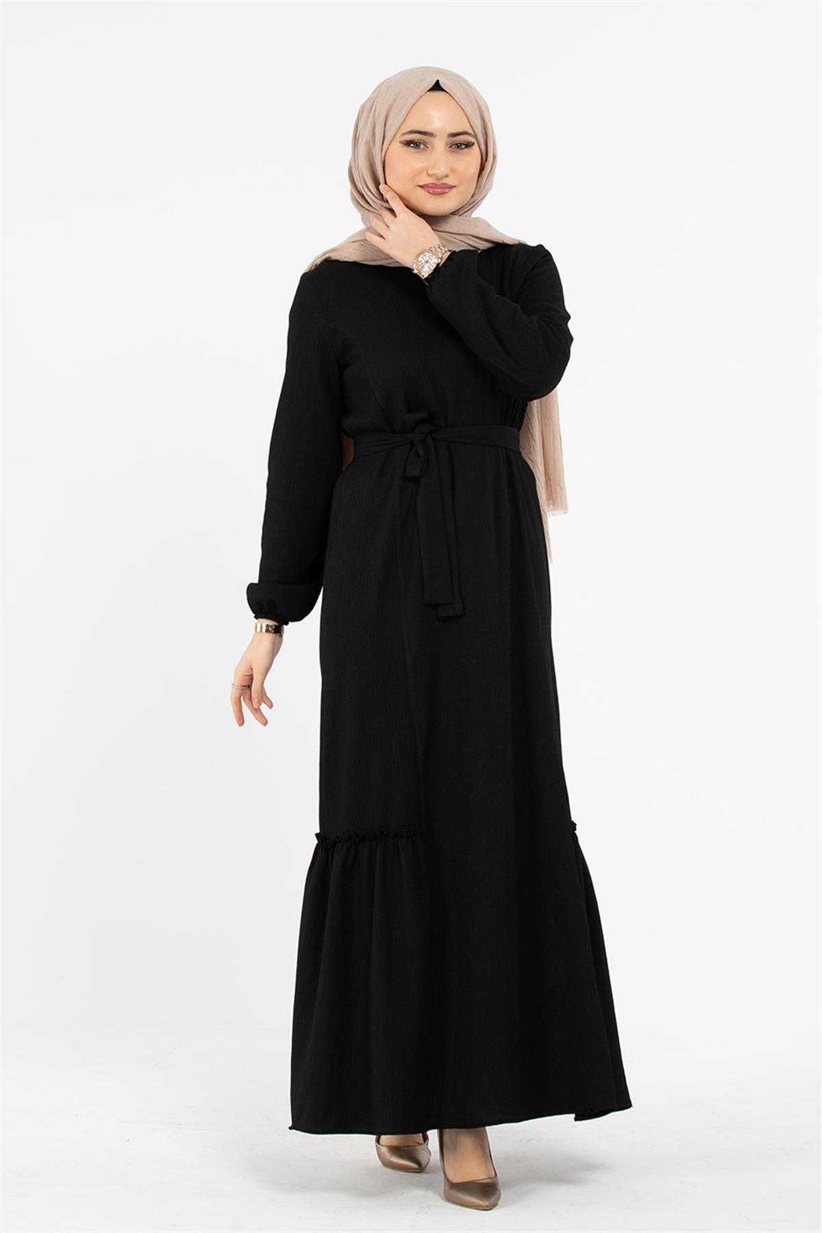 Crepe Fabric Belted Dress - Black