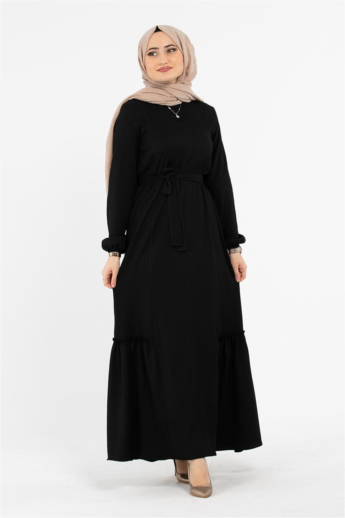 Crepe Fabric Belted Dress - Black
