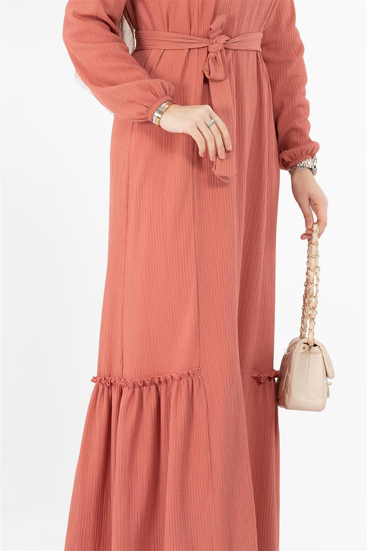 Crepe Fabric Belted Dress - Salmon