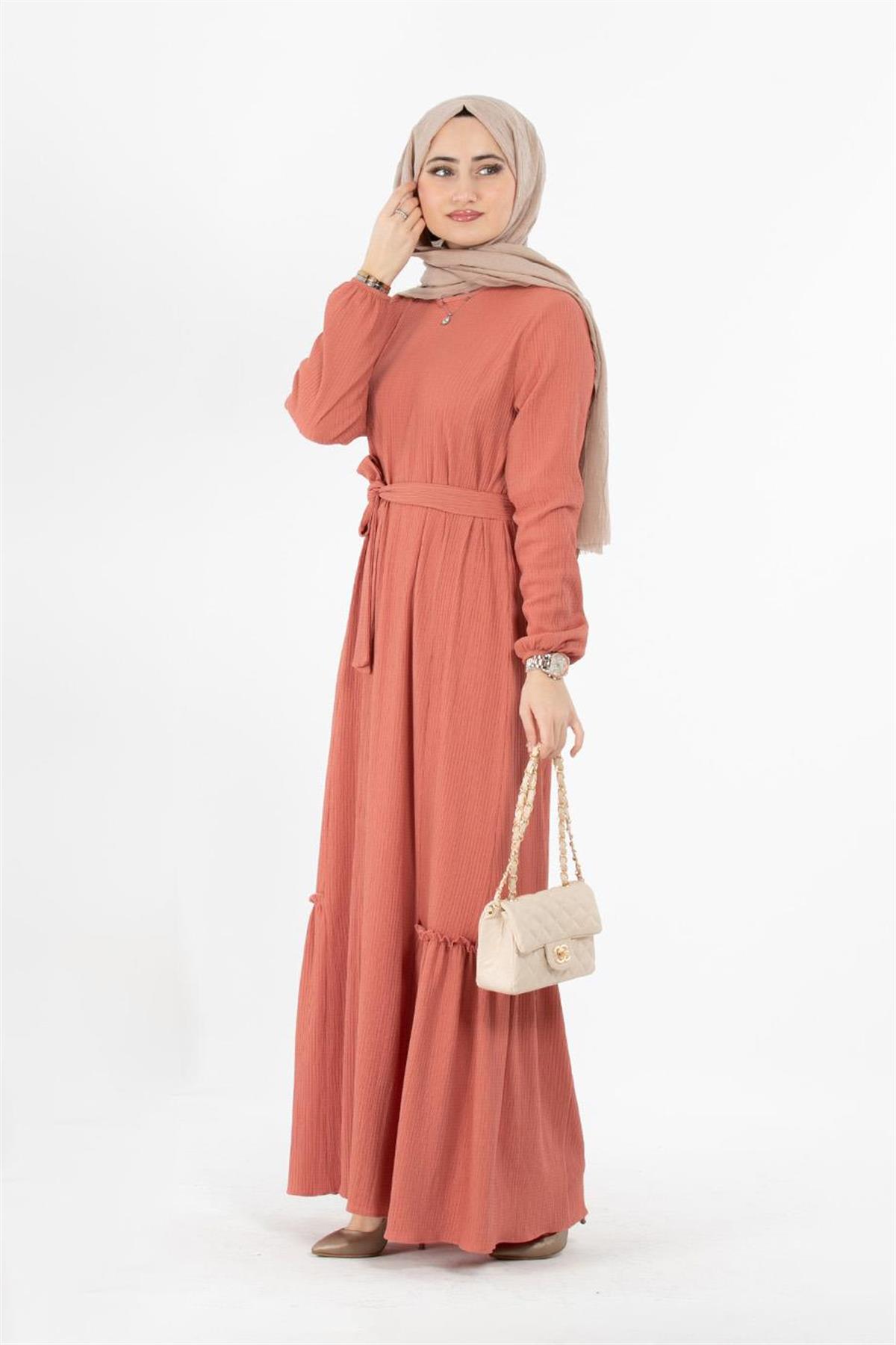 Crepe Fabric Belted Dress - Salmon