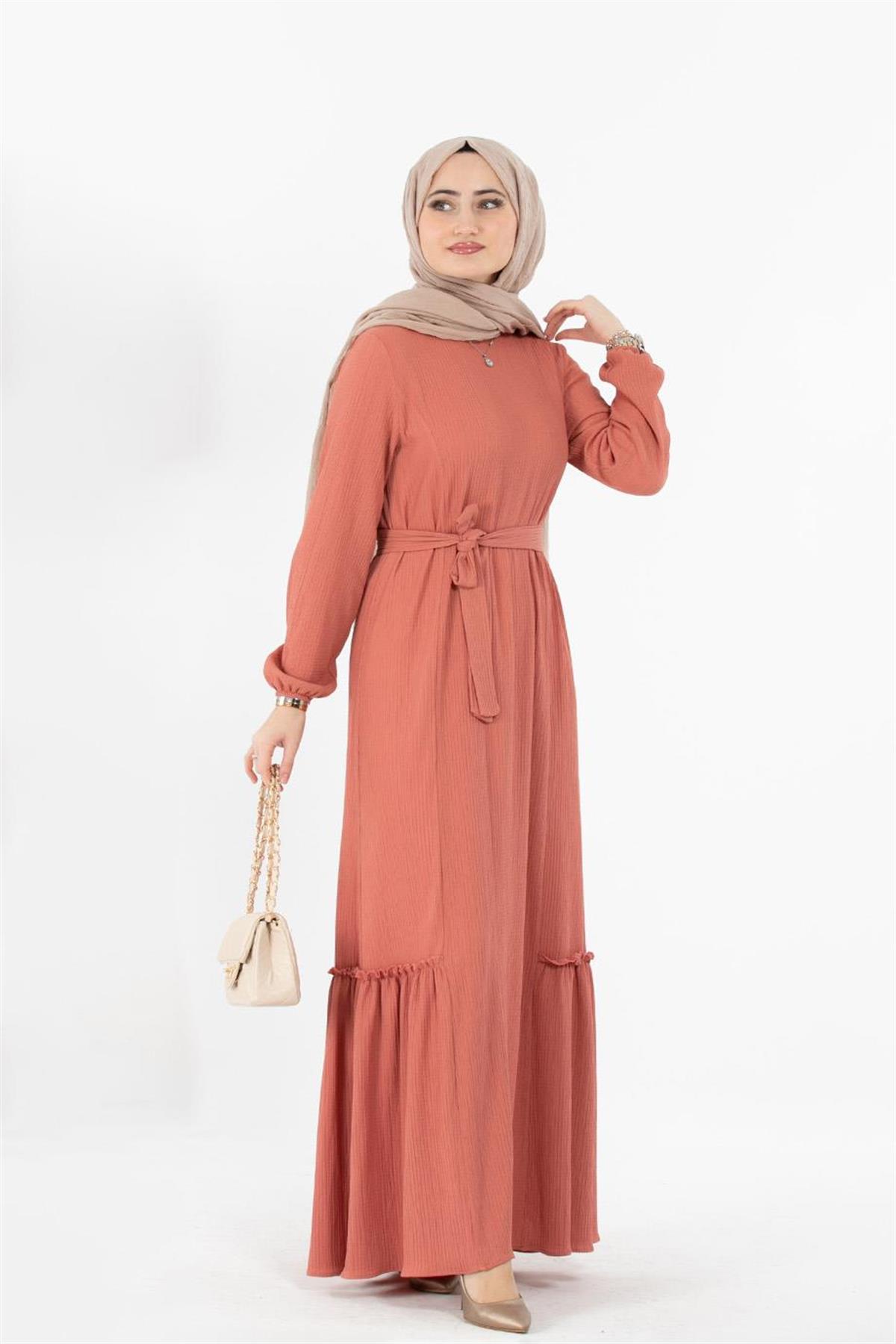 Crepe Fabric Belted Dress - Salmon