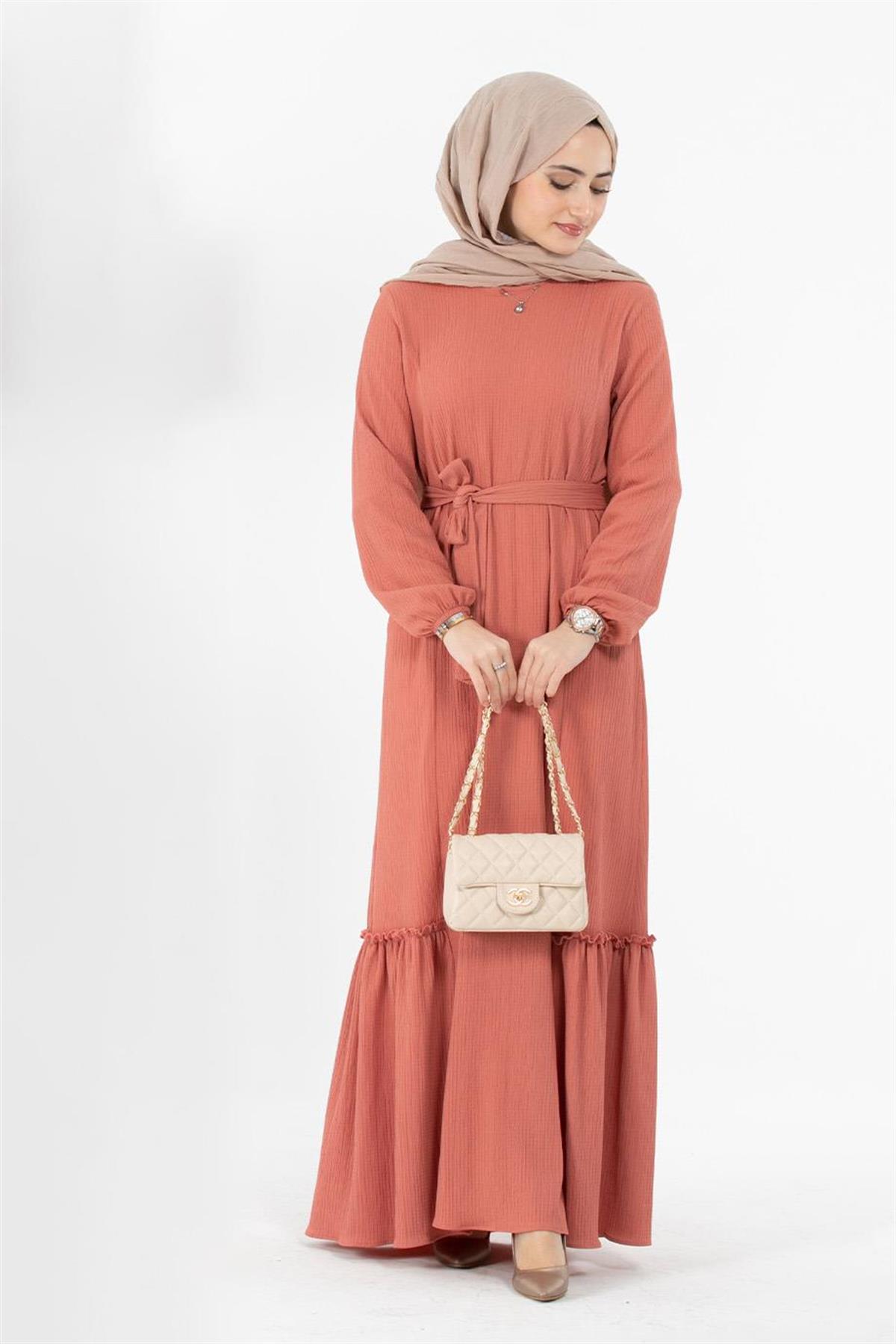 Crepe Fabric Belted Dress - Salmon