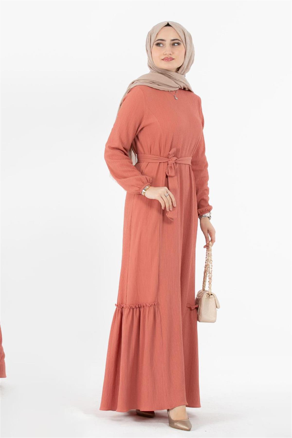 Crepe Fabric Belted Dress - Salmon