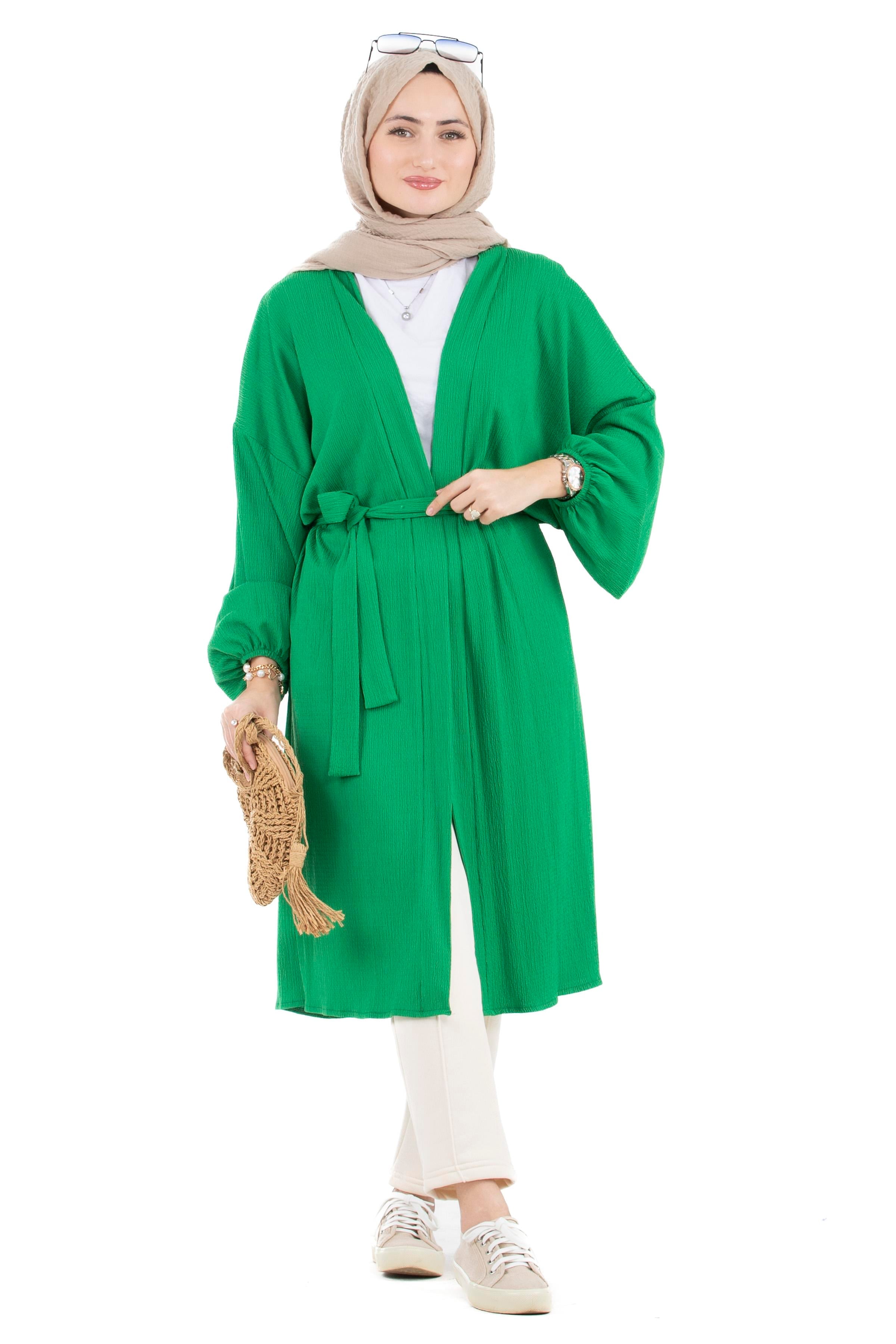 Beli Kemerli Bürümcük Kimono-Benetton yeşili