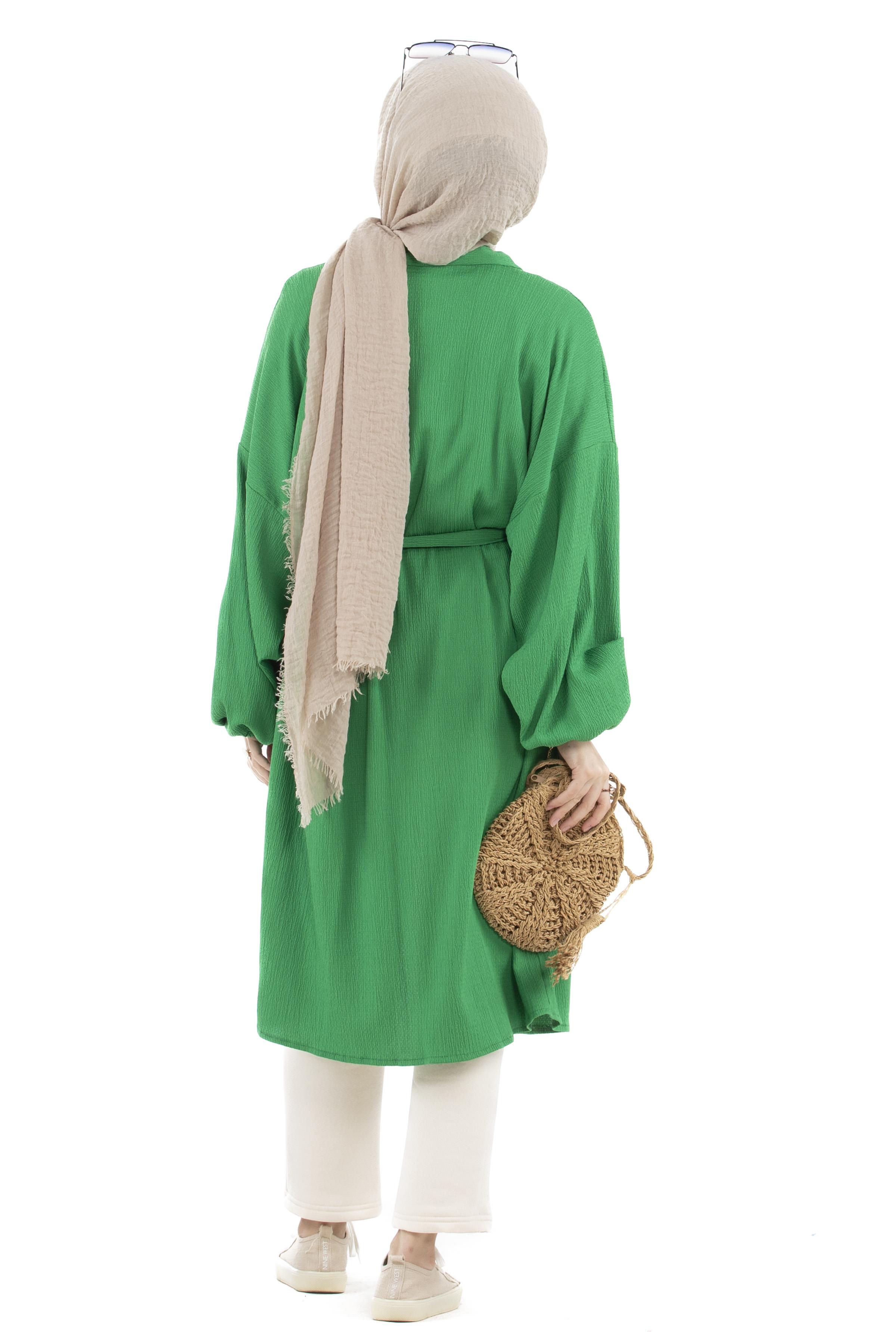 Beli Kemerli Bürümcük Kimono-Benetton yeşili
