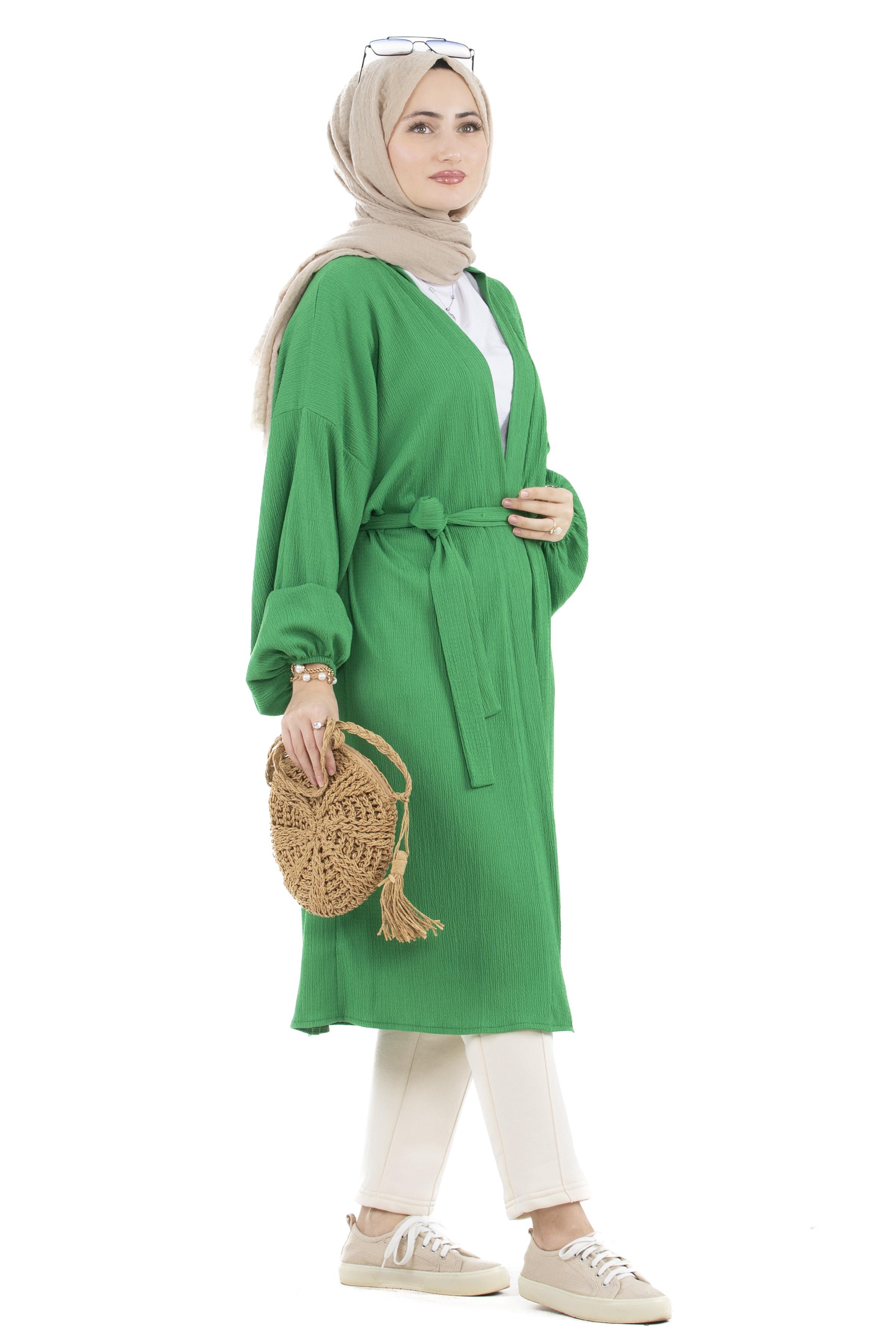 Beli Kemerli Bürümcük Kimono-Benetton yeşili