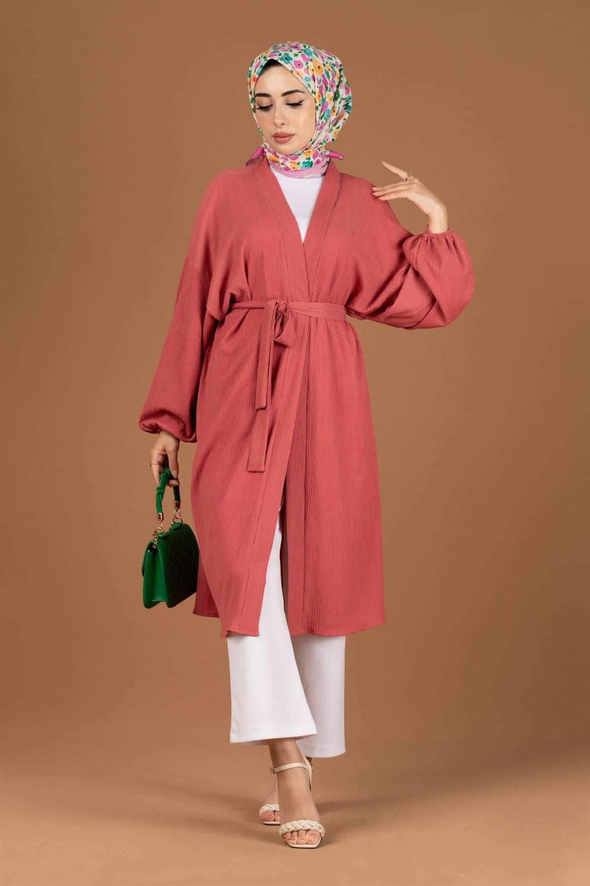 Beli Kemerli Bürümcük Kimono-Gül Kurusu
