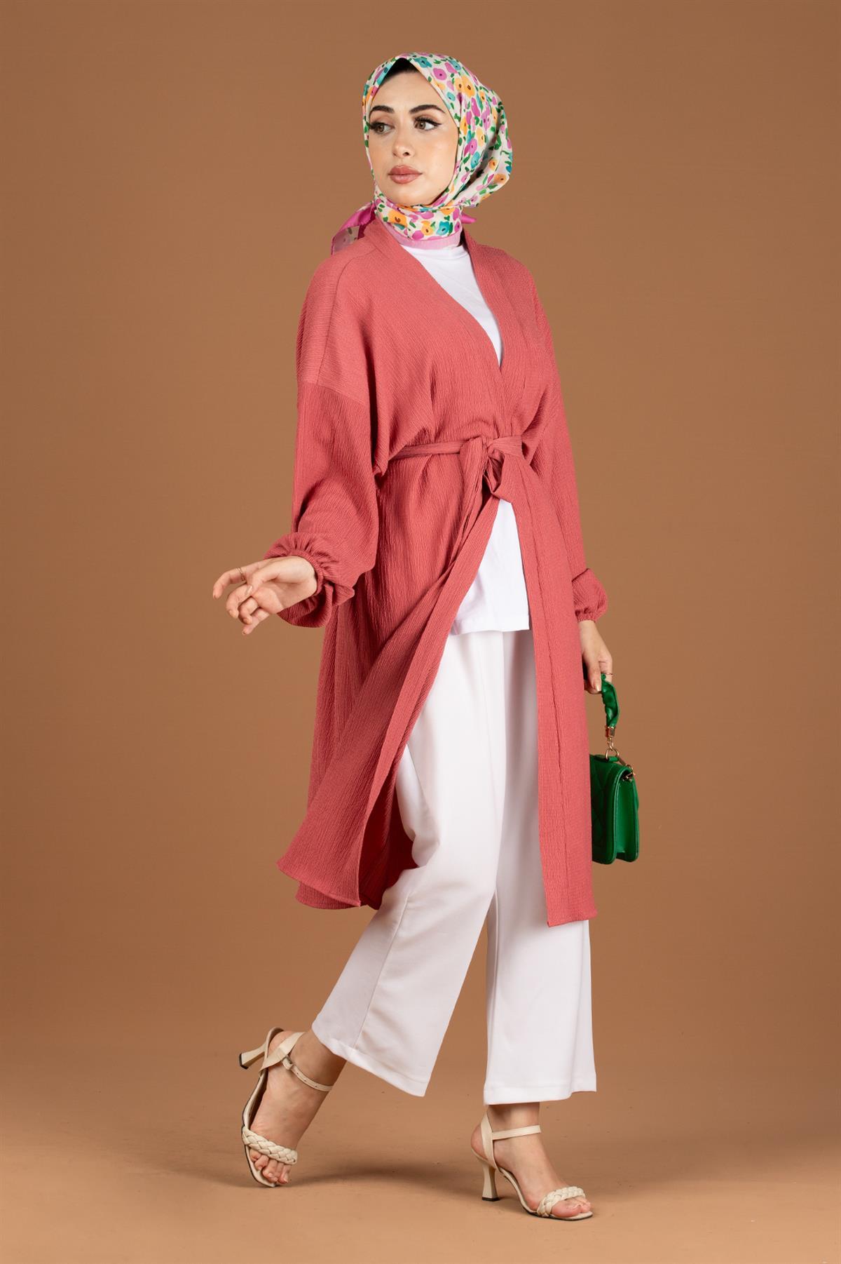 Beli Kemerli Bürümcük Kimono-Gül Kurusu