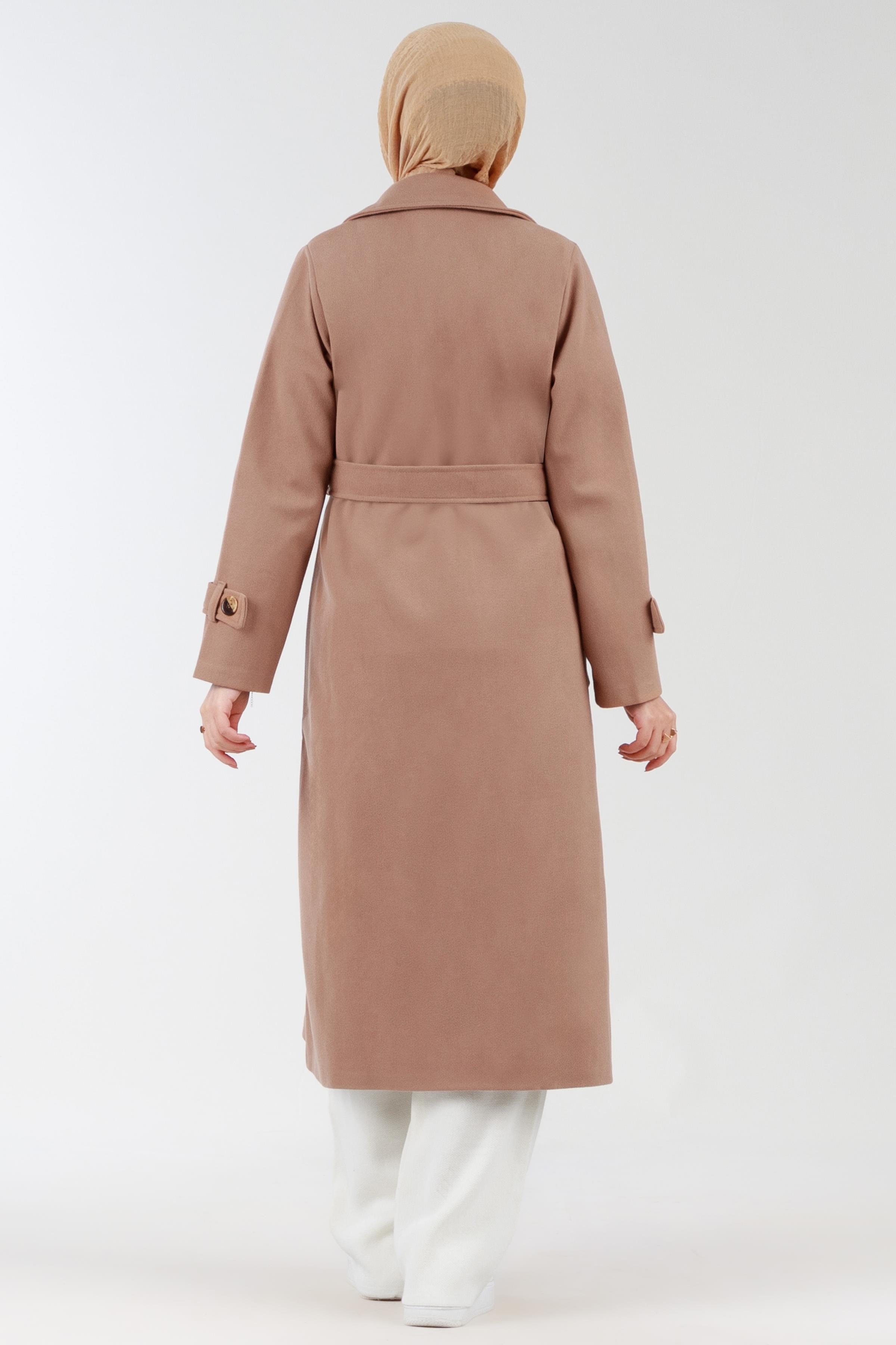 Beli Kemerli Kaşe Kaban-Camel