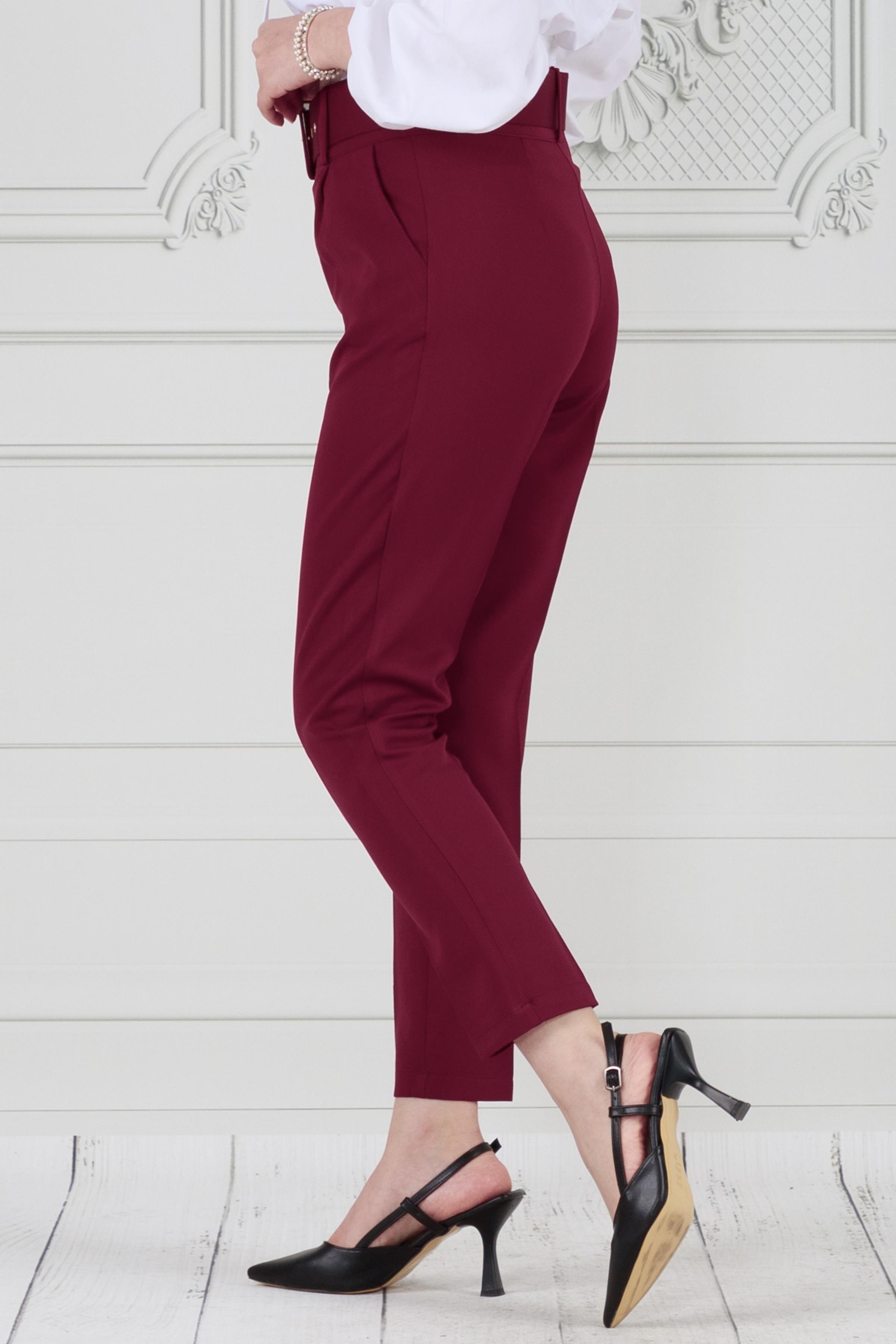 Beli Kemerli Pileli Kalem Pantolon-Bordo