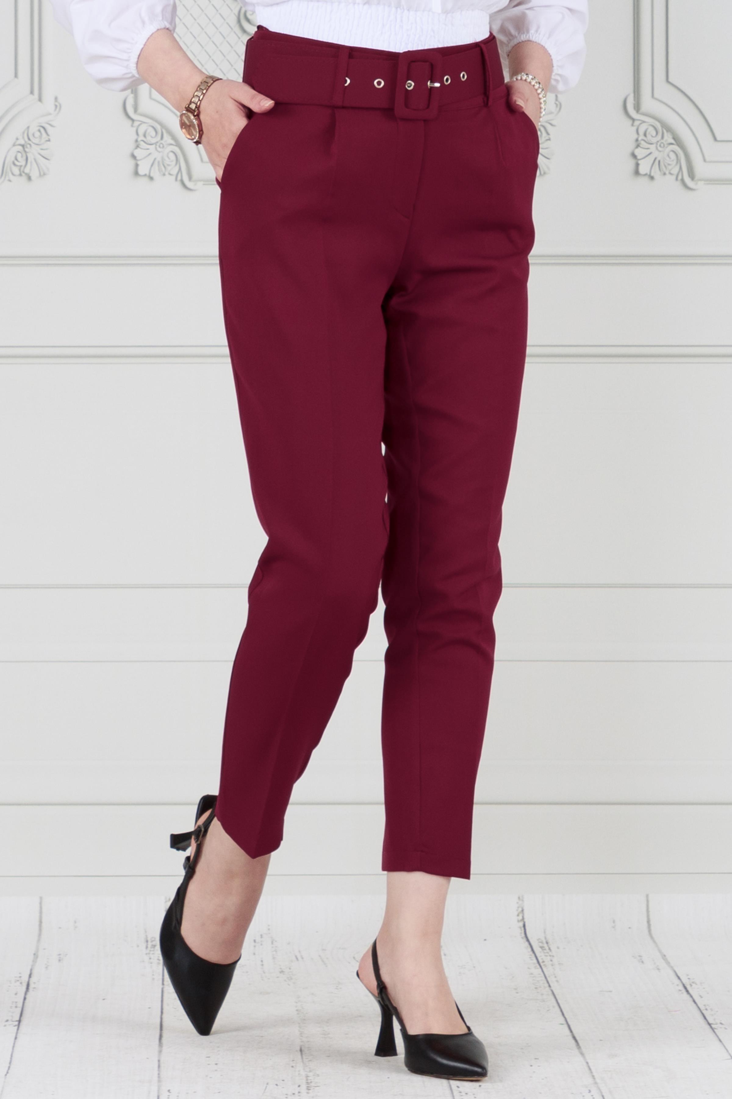 Beli Kemerli Pileli Kalem Pantolon-Bordo