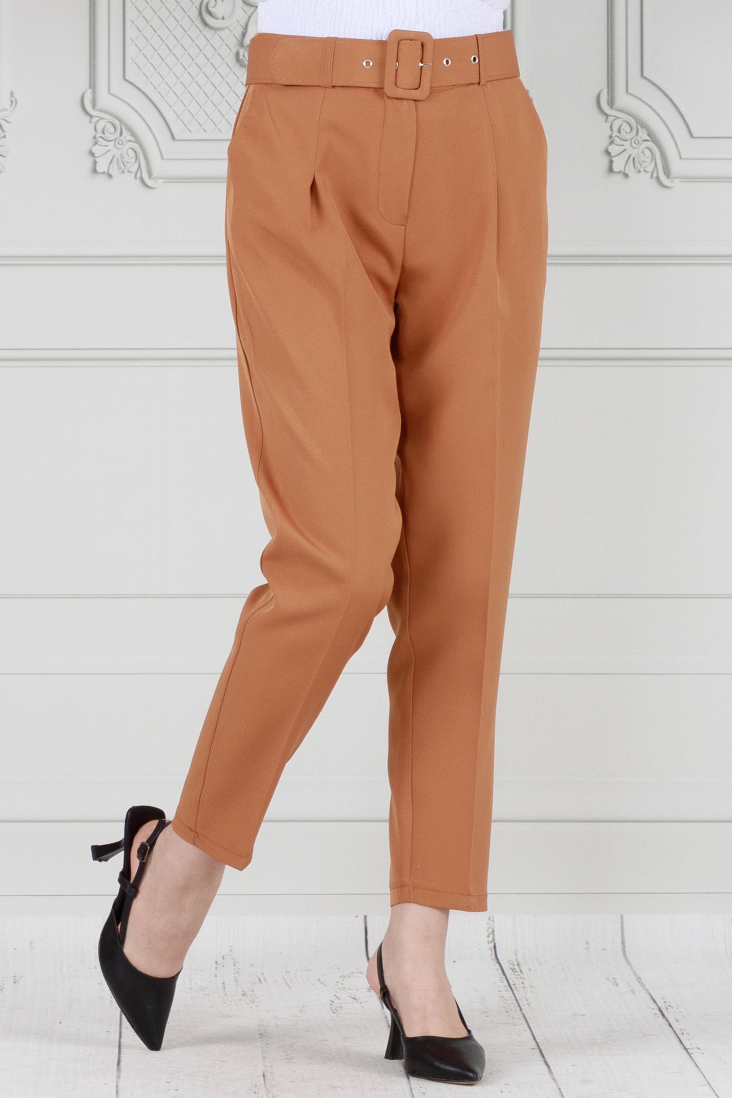 Beli Kemerli Pileli Kalem Pantolon-Camel
