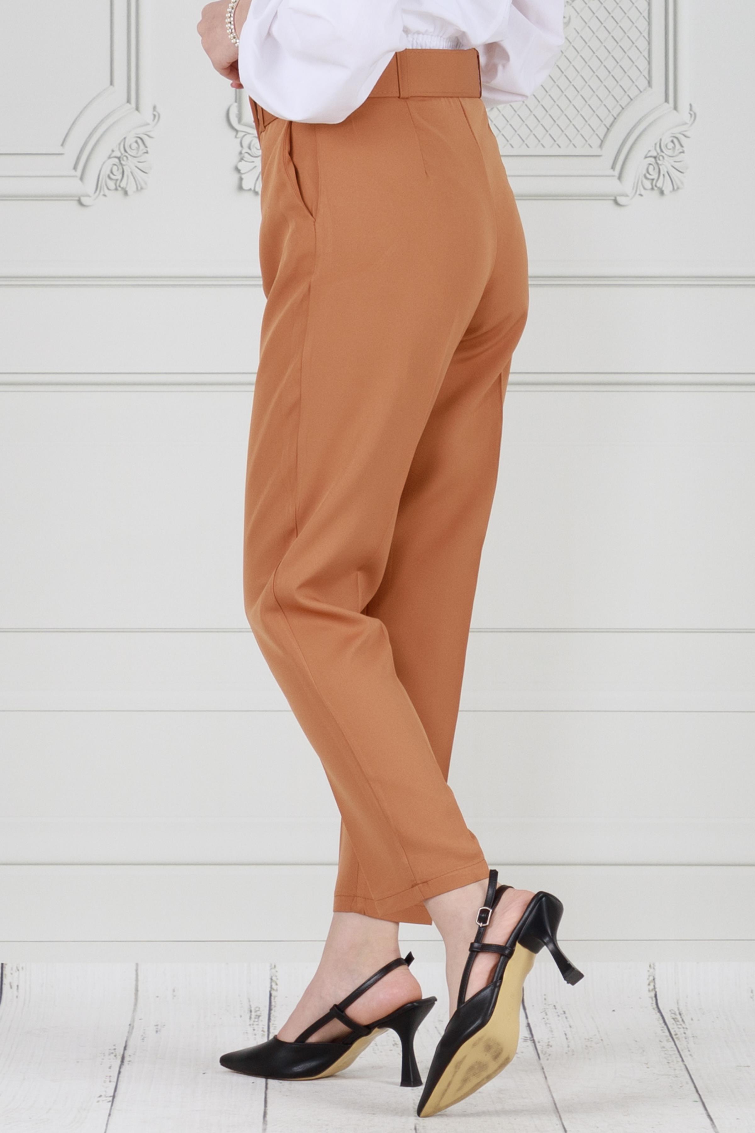 Beli Kemerli Pileli Kalem Pantolon-Camel