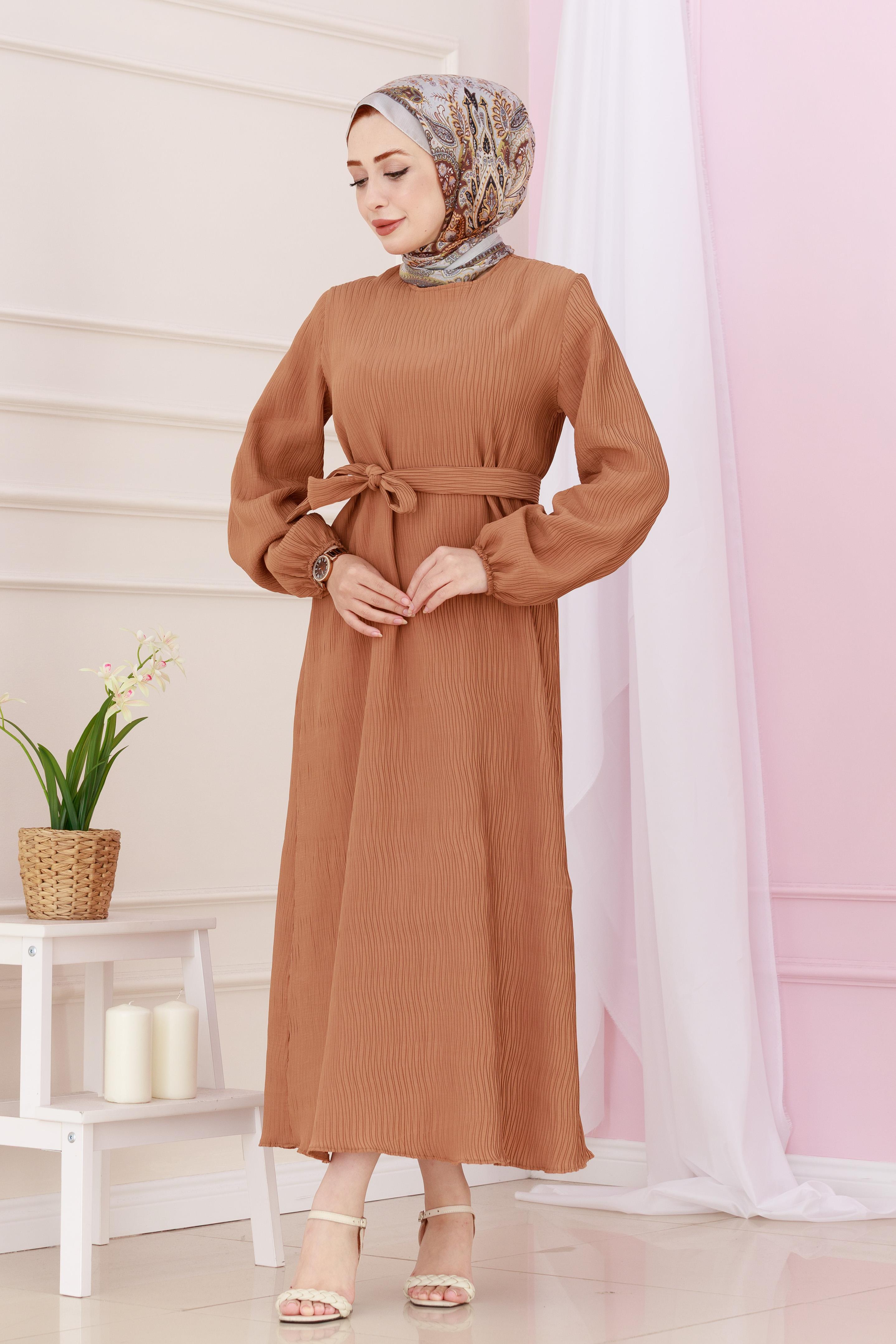 Beli Kuşaklı Luna Tesettür Elbise-Taba