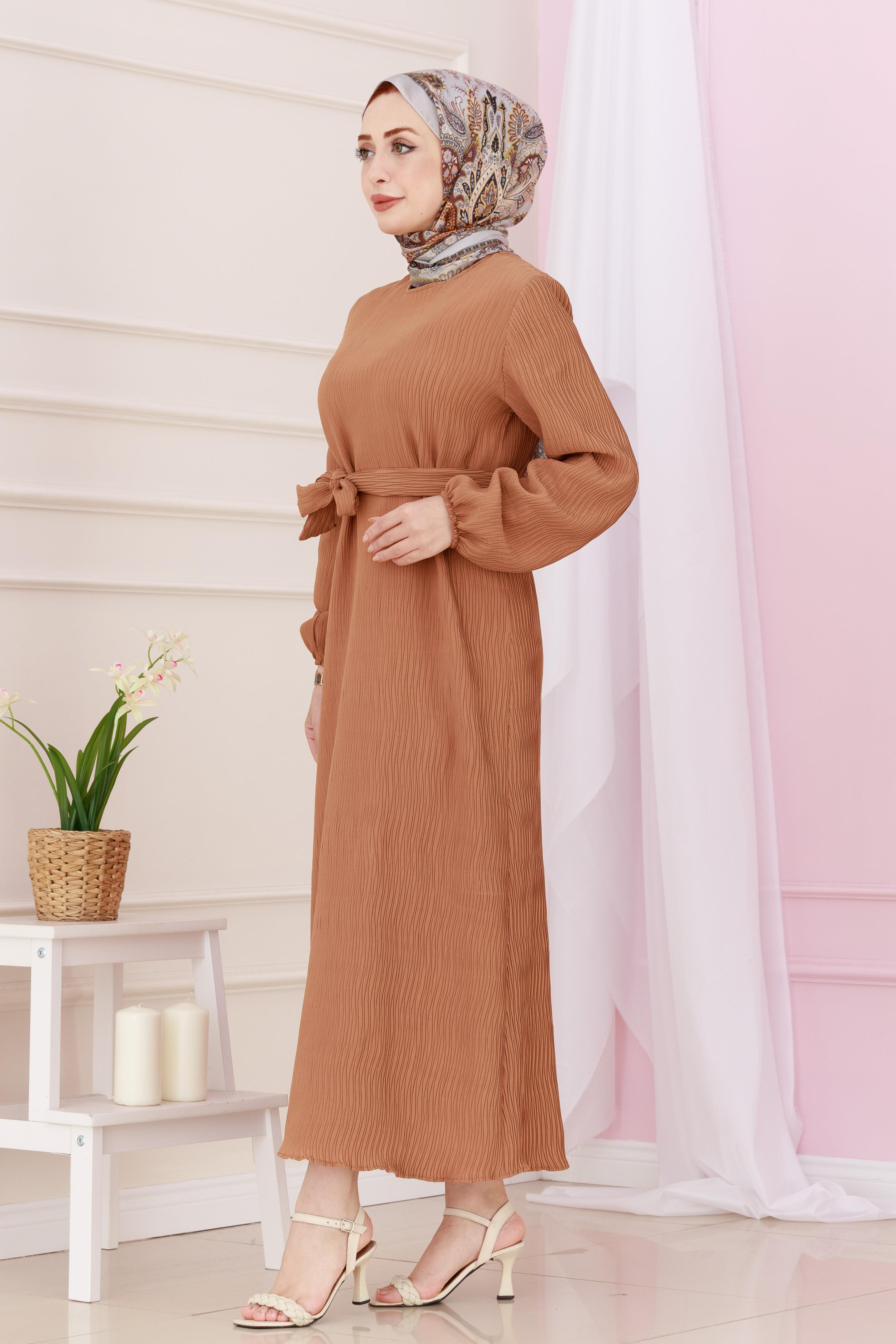 Beli Kuşaklı Luna Tesettür Elbise-Taba