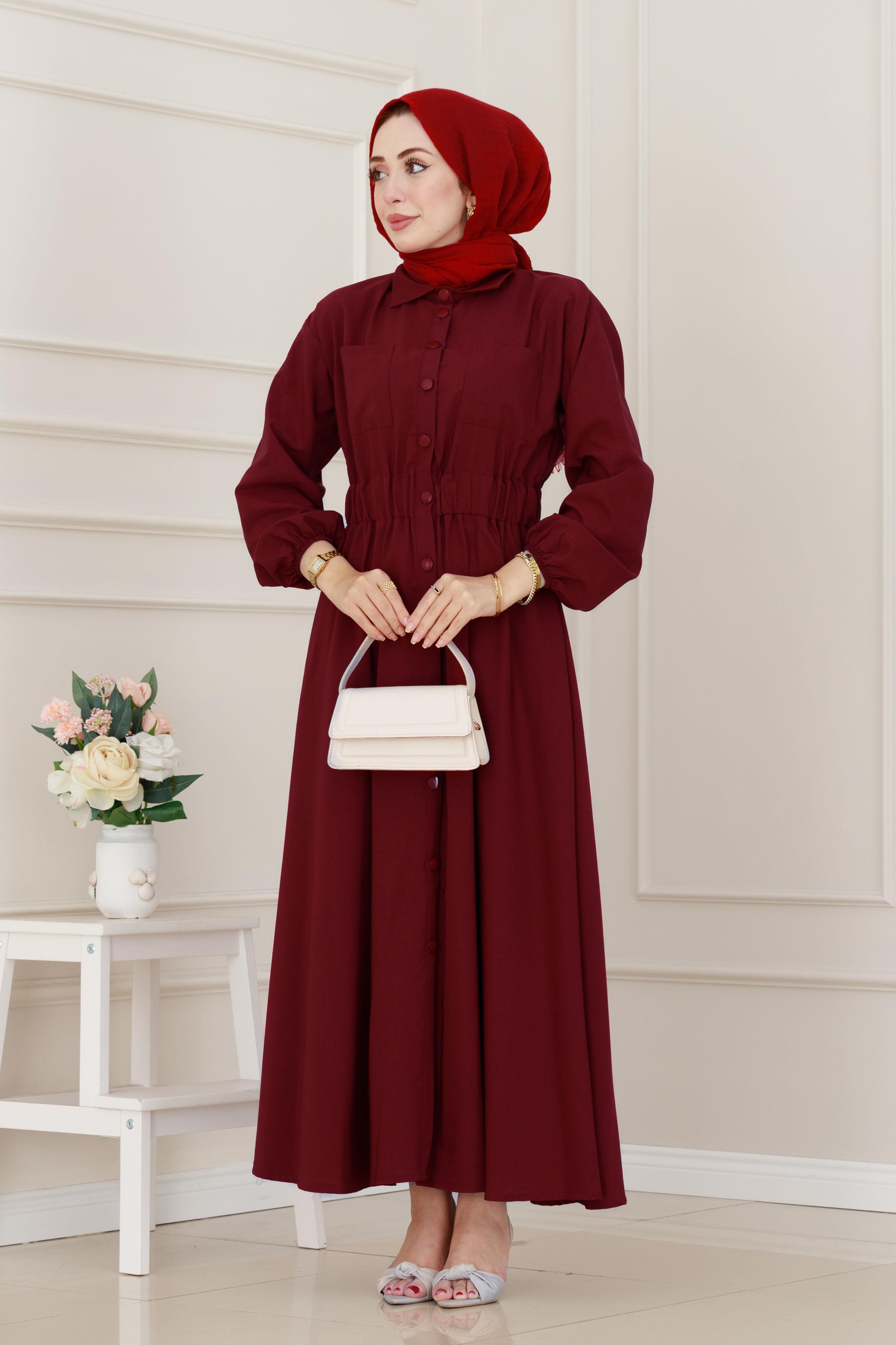 Beli Lastikli Cepli Yasmin Elbise-Bordo
