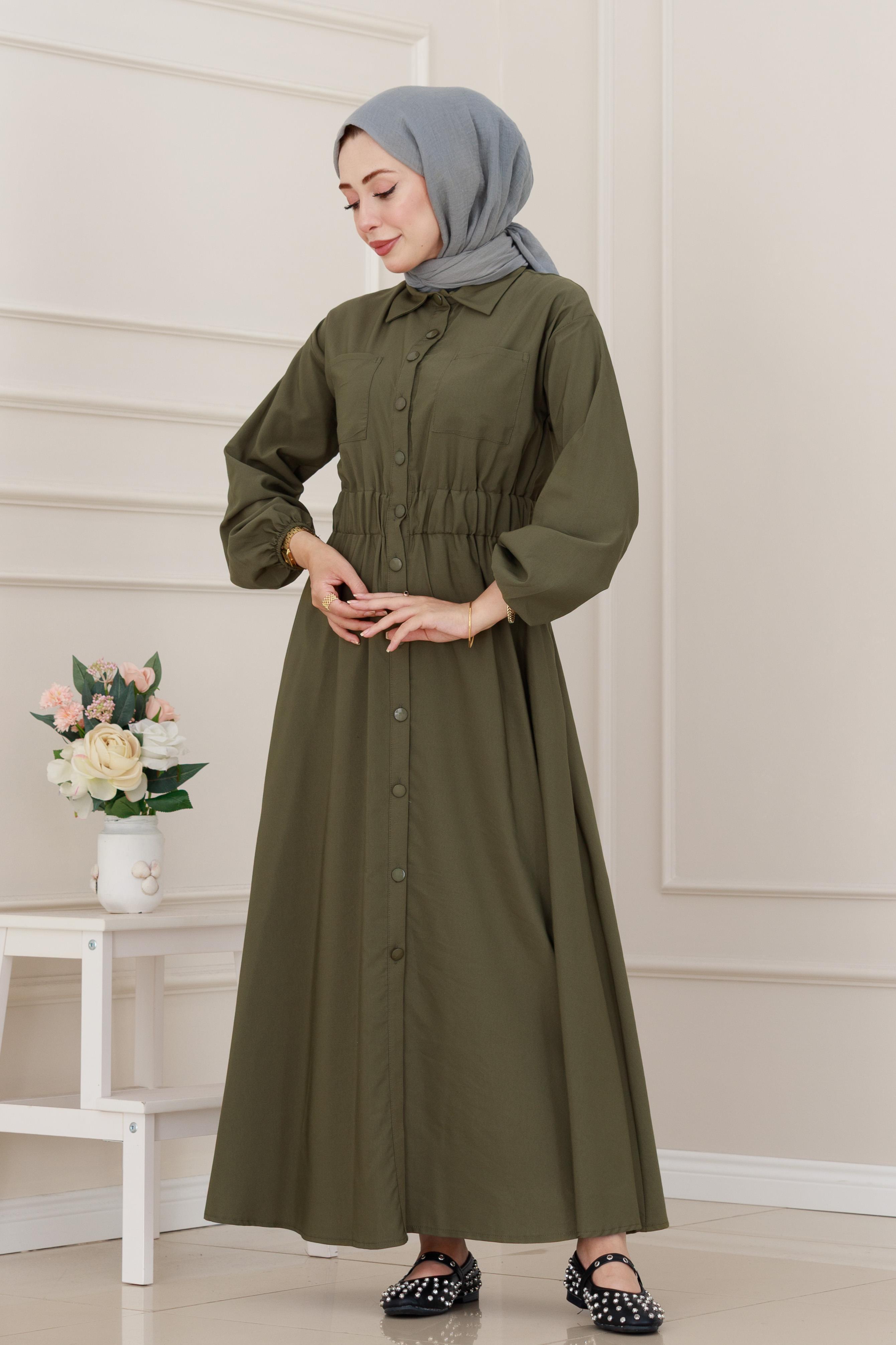 Beli Lastikli Cepli Yasmin Elbise-Haki