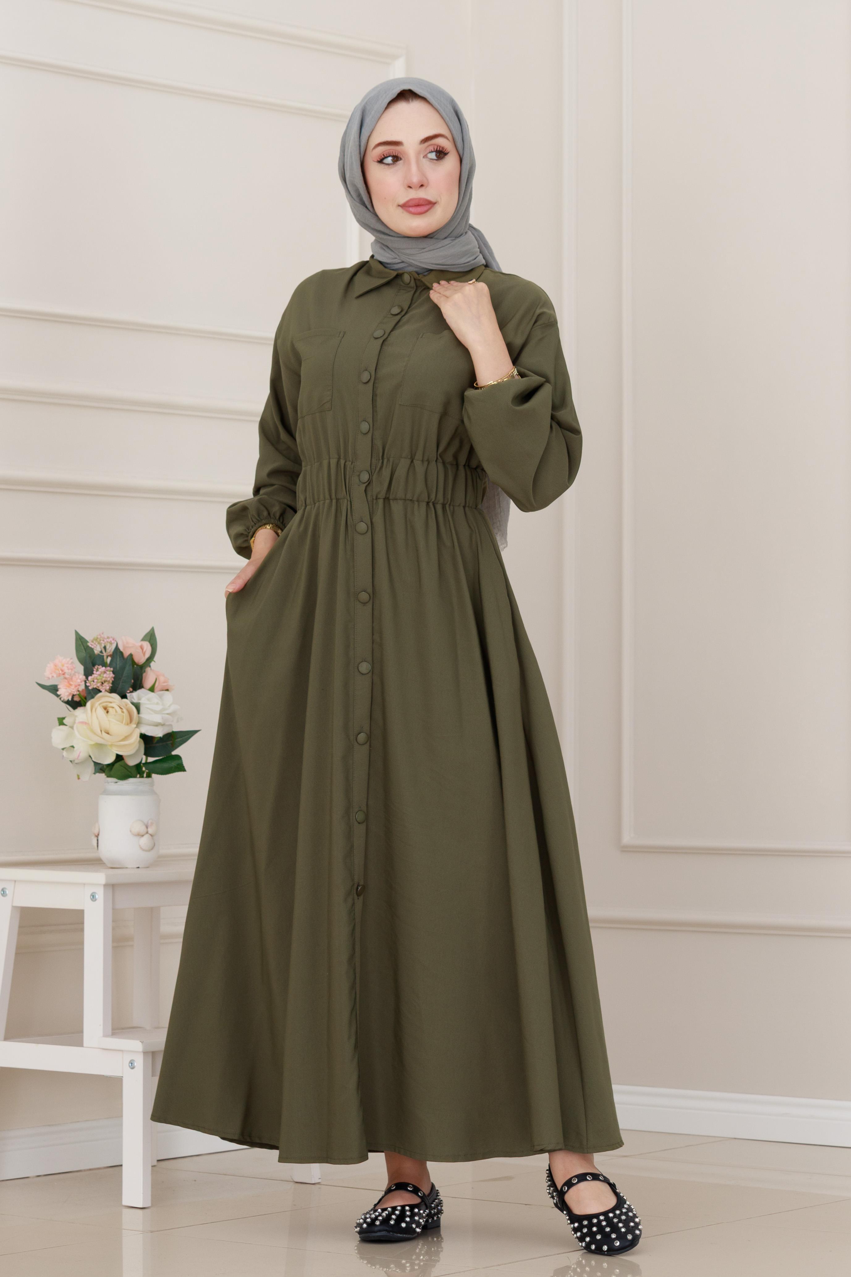 Beli Lastikli Cepli Yasmin Elbise-Haki