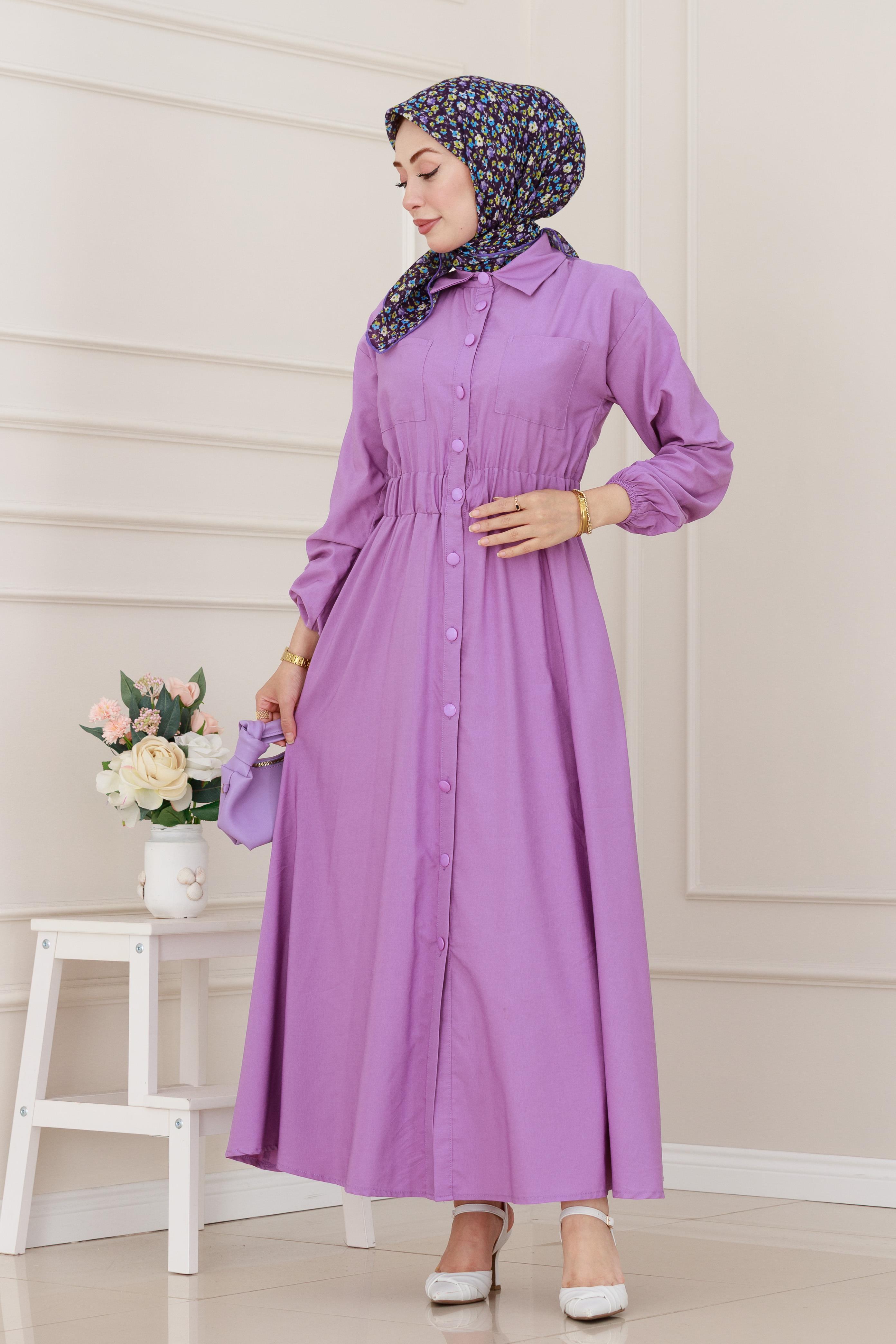 Beli Lastikli Cepli Yasmin Elbise-Lila