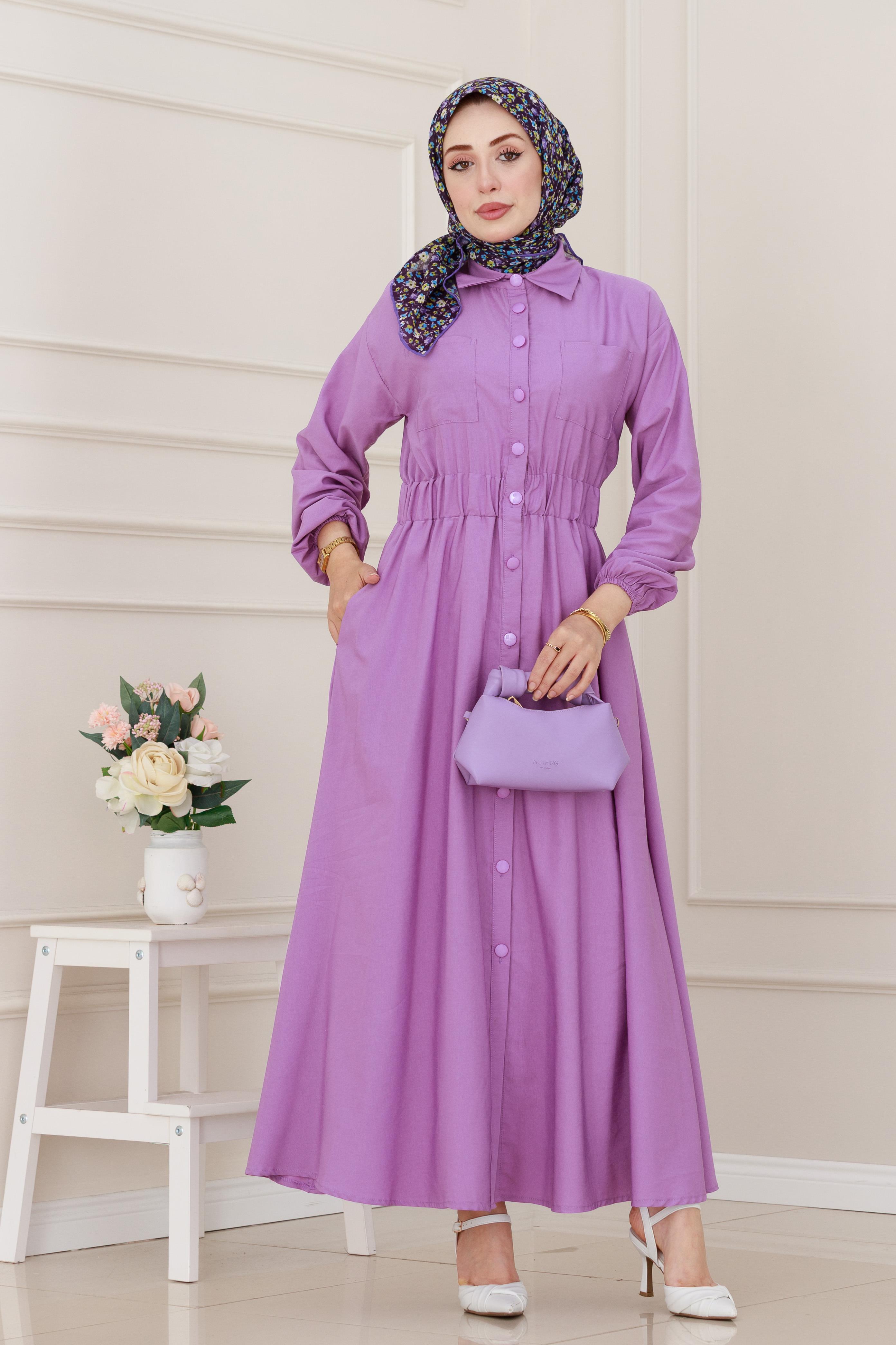 Beli Lastikli Cepli Yasmin Elbise-Lila