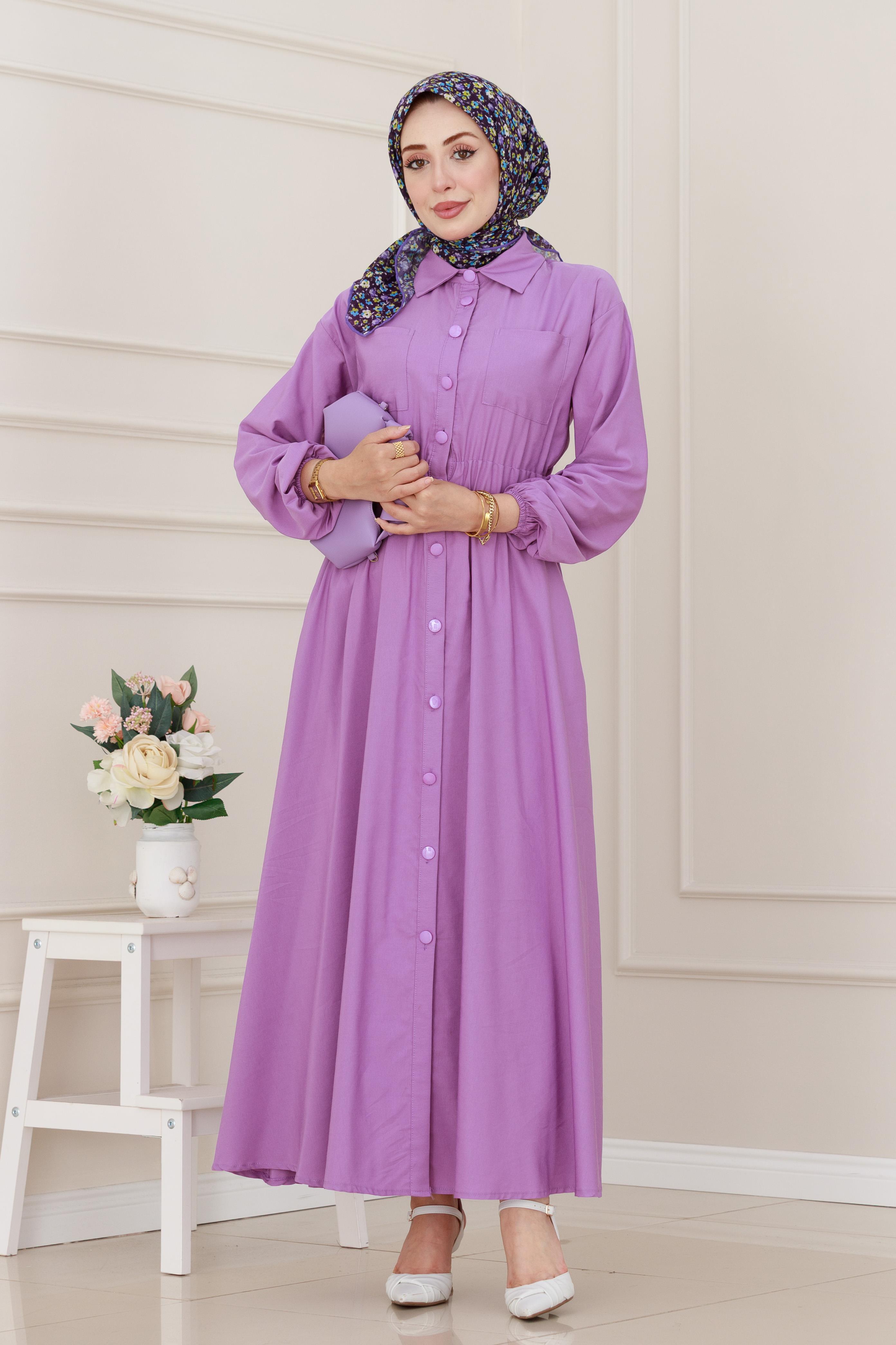 Beli Lastikli Cepli Yasmin Elbise-Lila