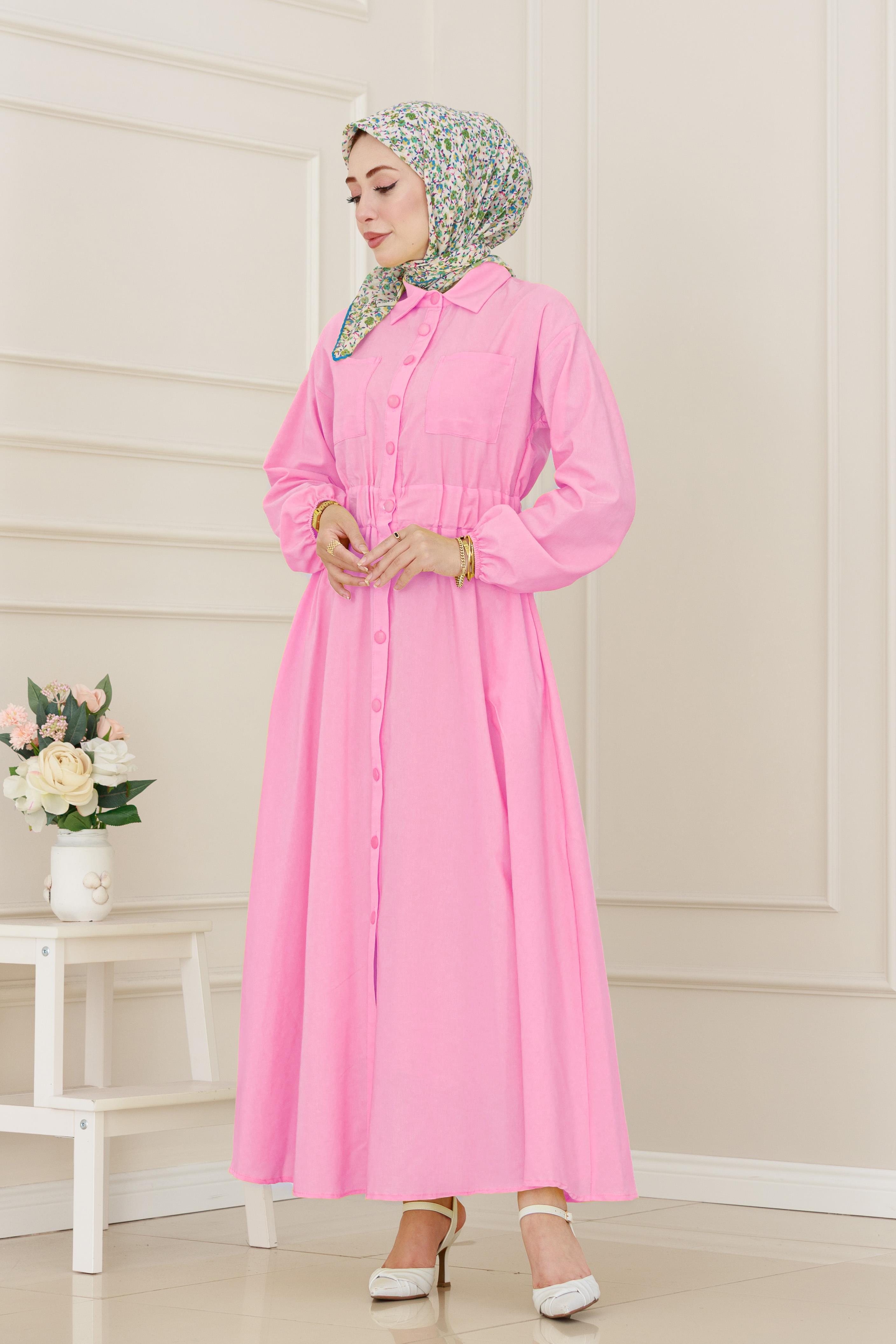 Beli Lastikli Cepli Yasmin Elbise-Pembe