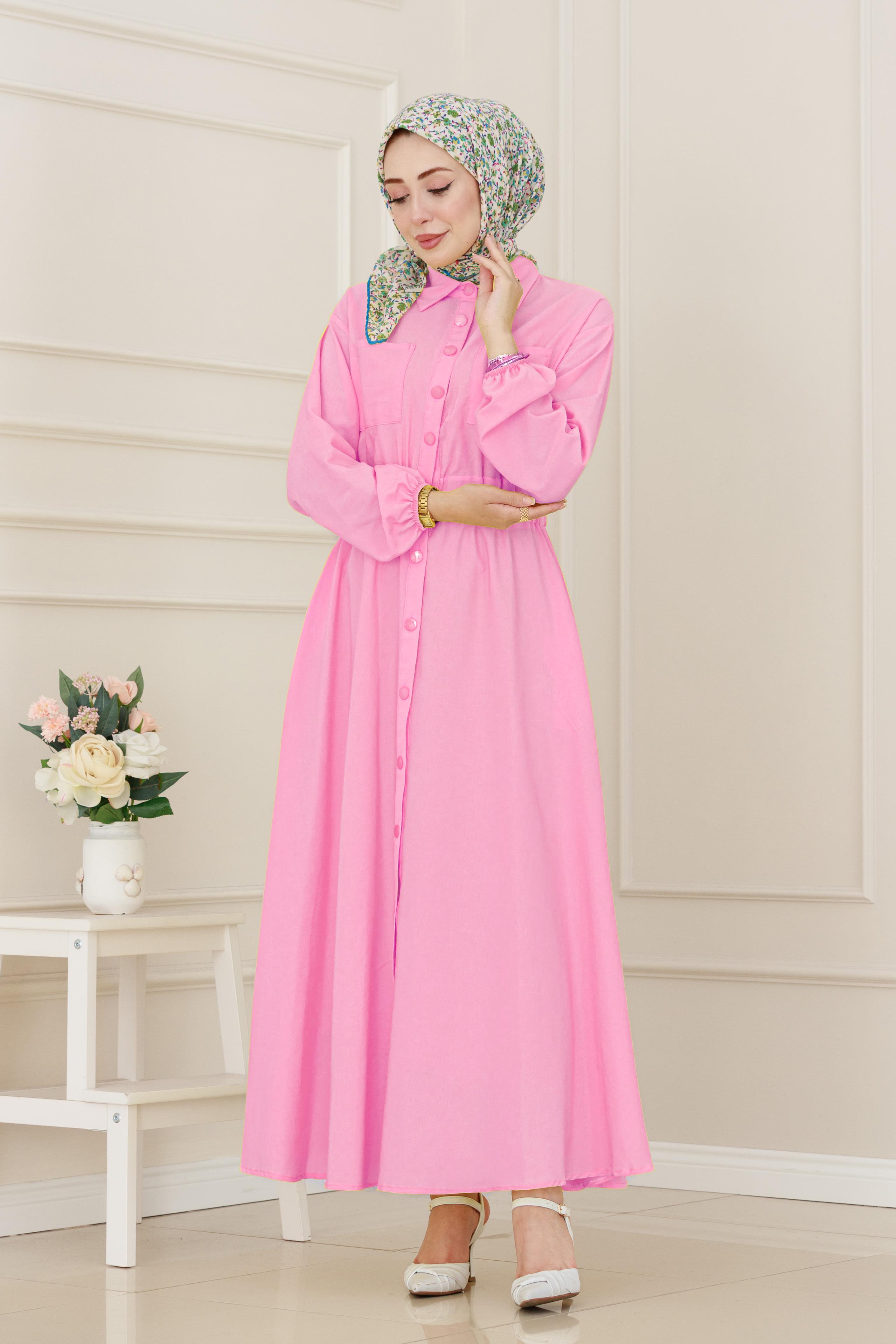 Beli Lastikli Cepli Yasmin Elbise-Pembe