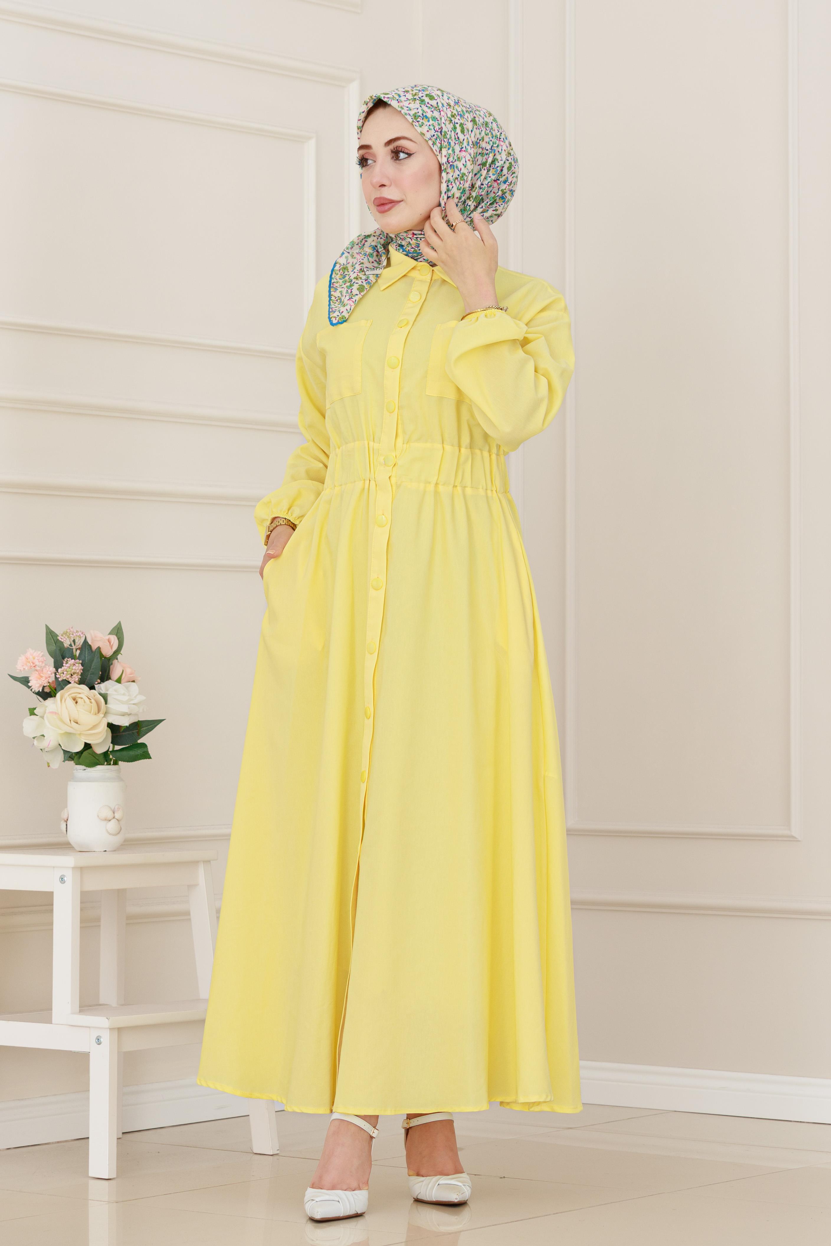 Beli Lastikli Cepli Yasmin Elbise-Sarı