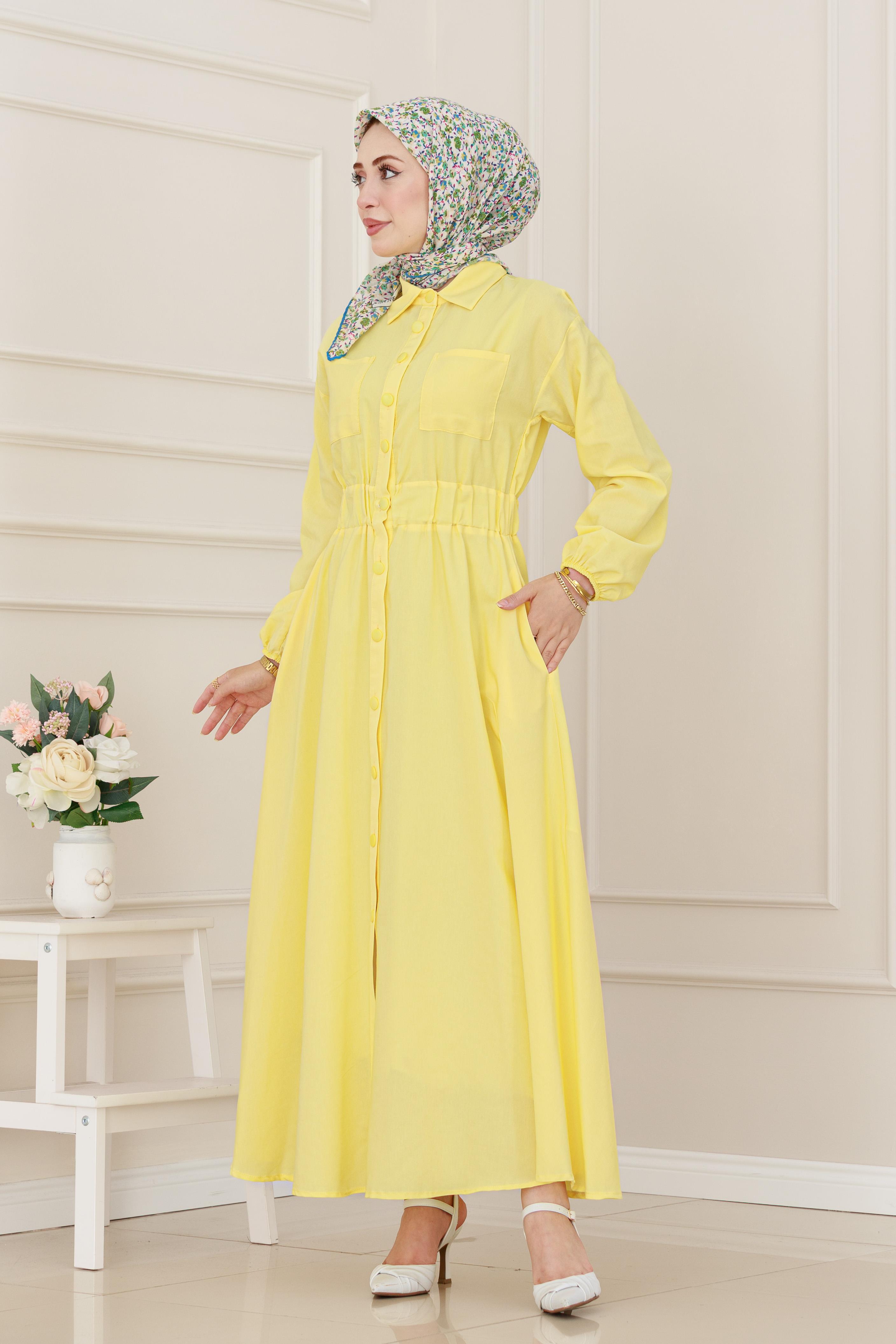 Beli Lastikli Cepli Yasmin Elbise-Sarı