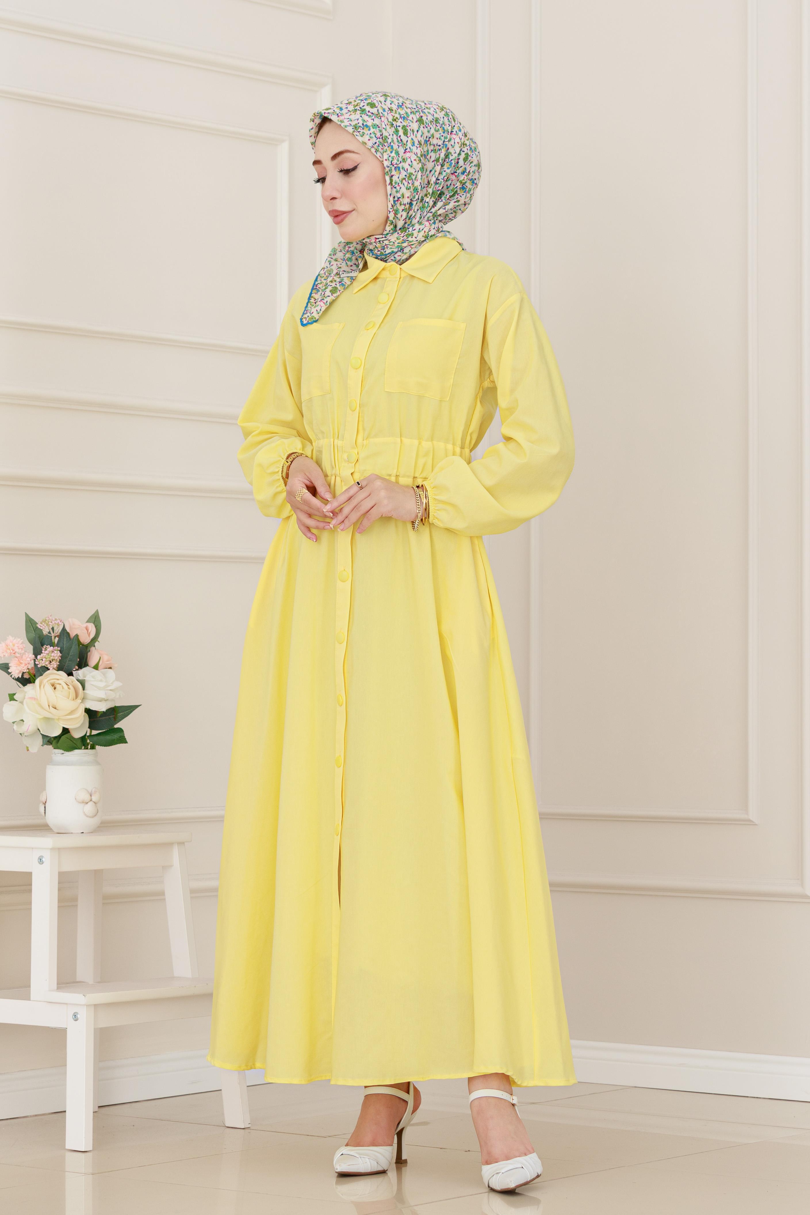 Beli Lastikli Cepli Yasmin Elbise-Sarı