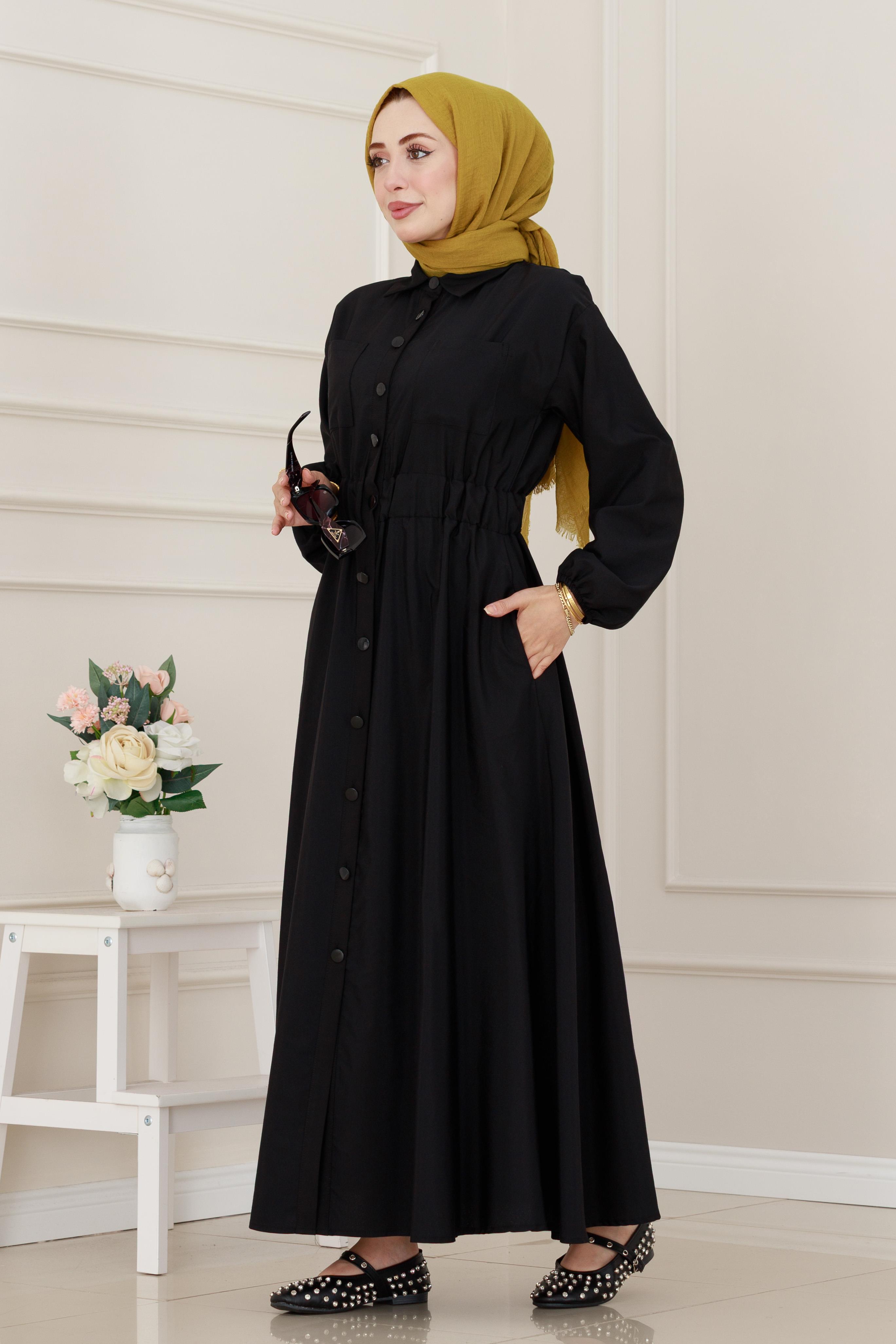 Beli Lastikli Cepli Yasmin Elbise-Siyah