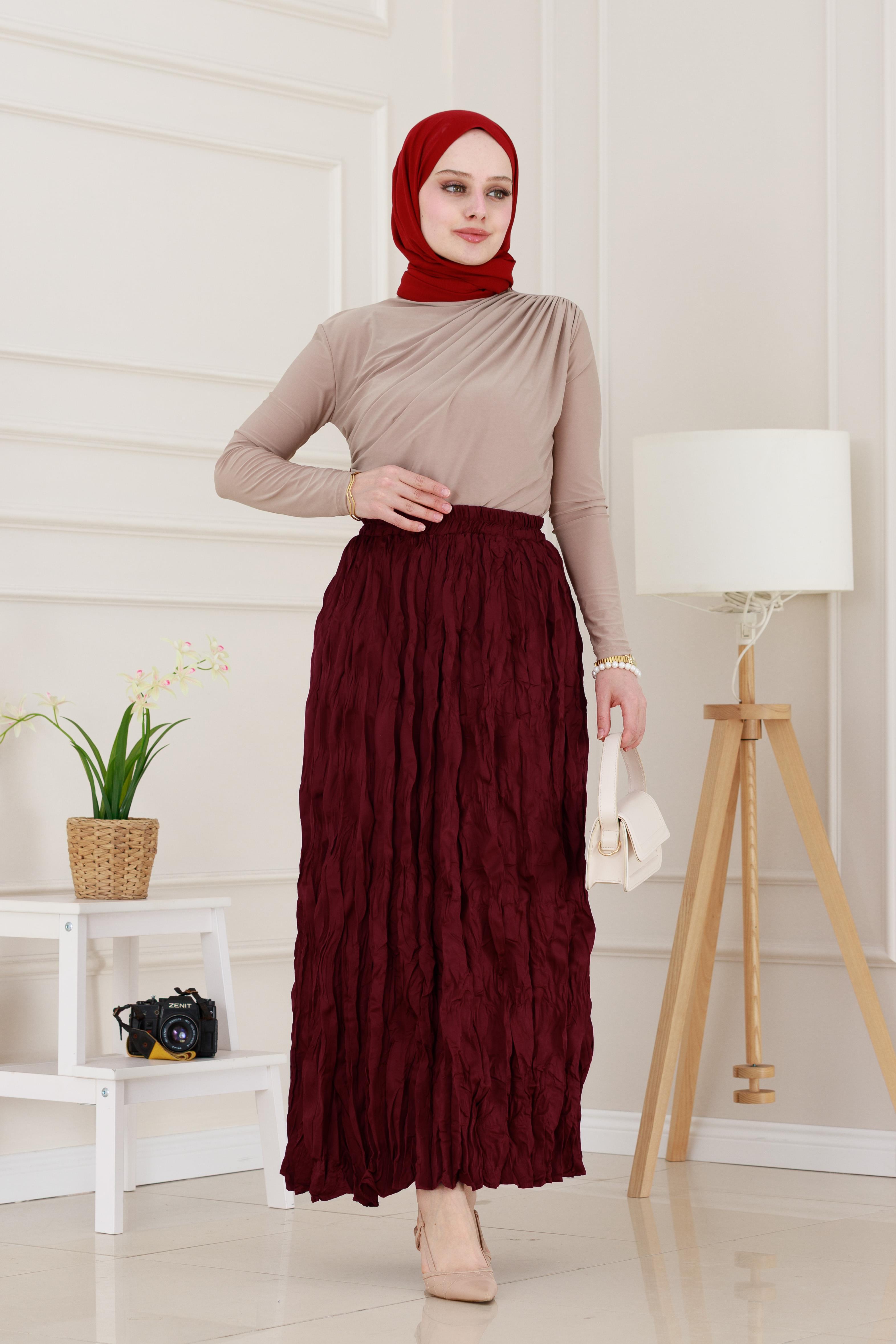 Beli Lastikli Kraş Etek-Bordo