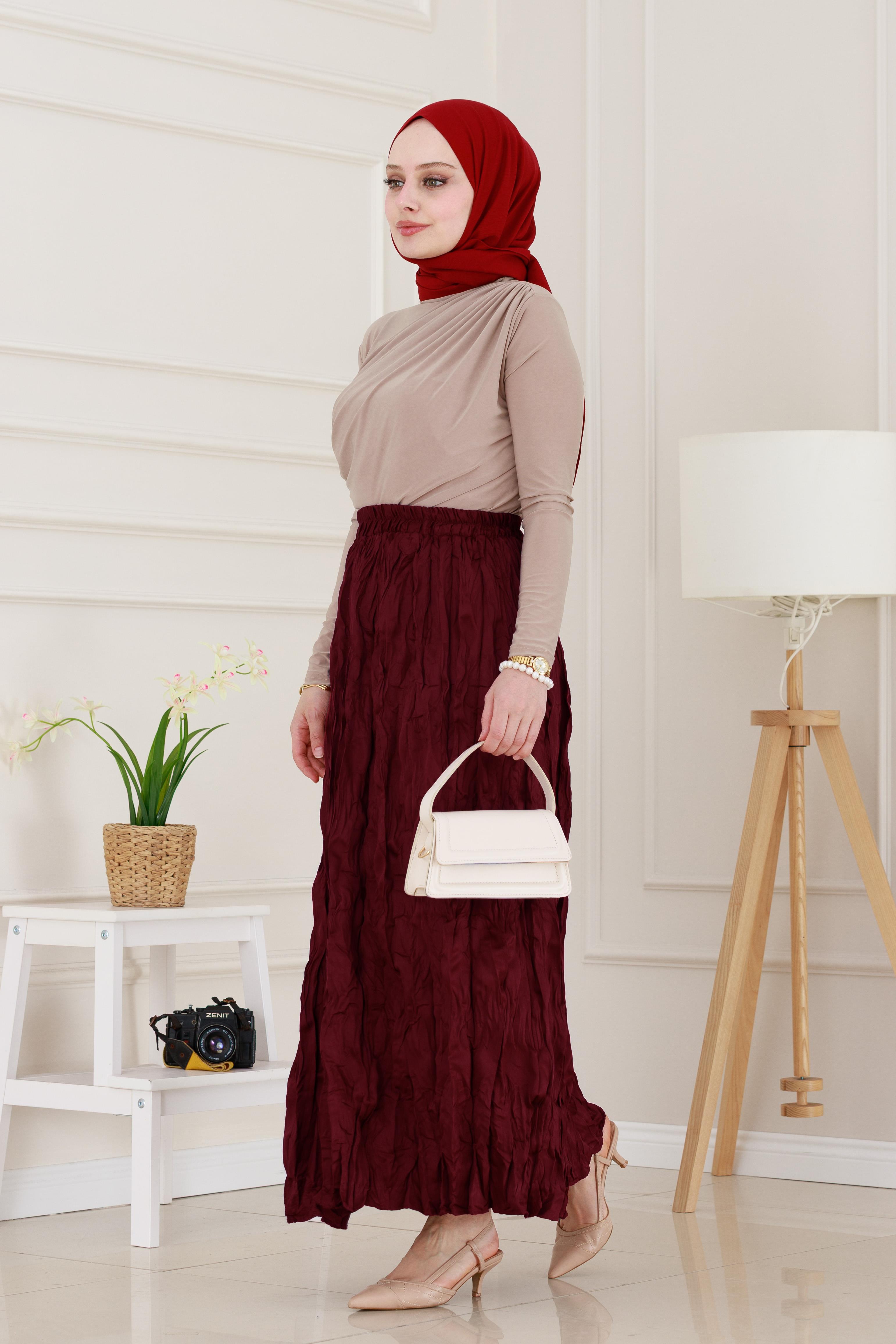 Beli Lastikli Kraş Etek-Bordo