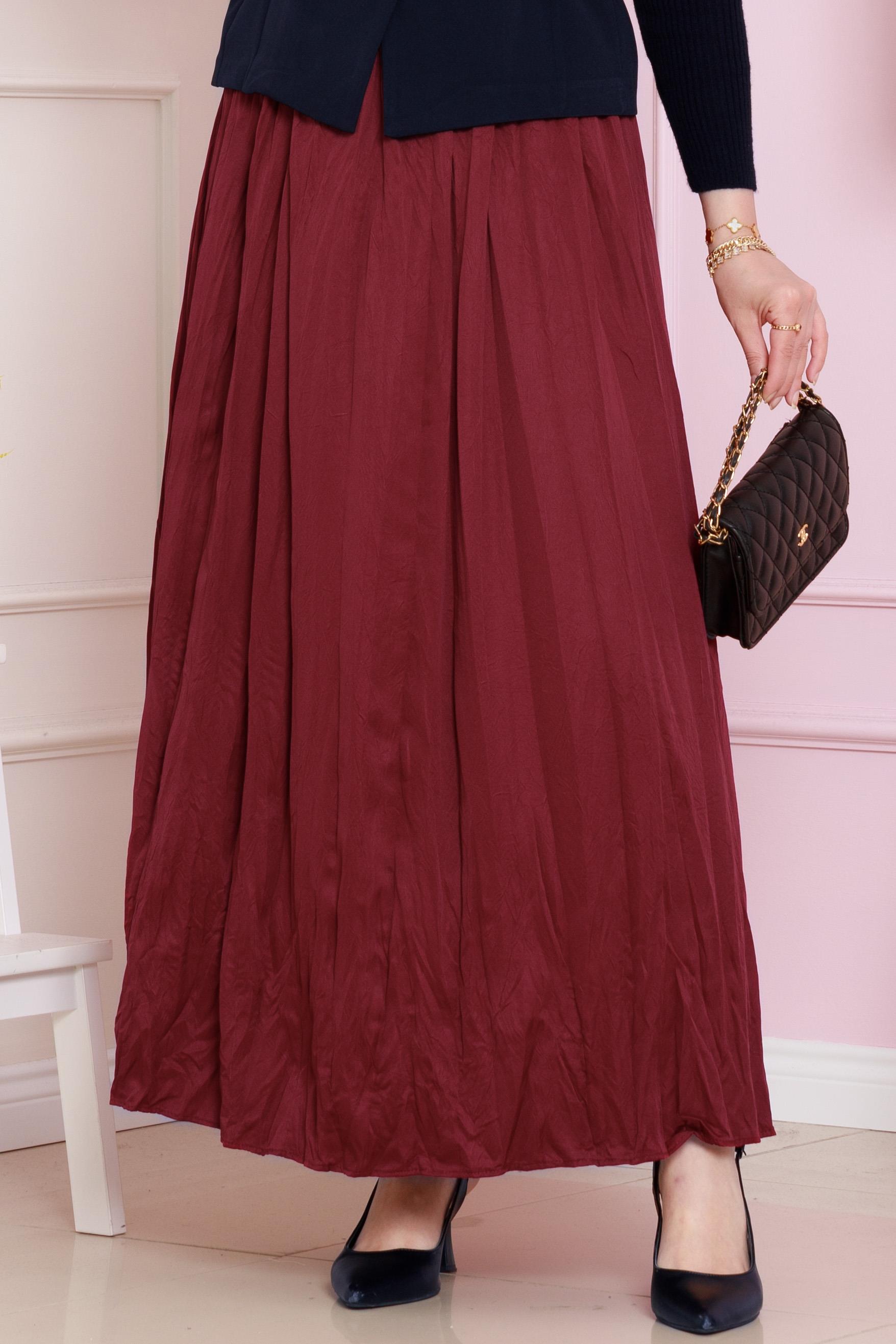 Pleated Skirt with Stretch Waist - claret red color