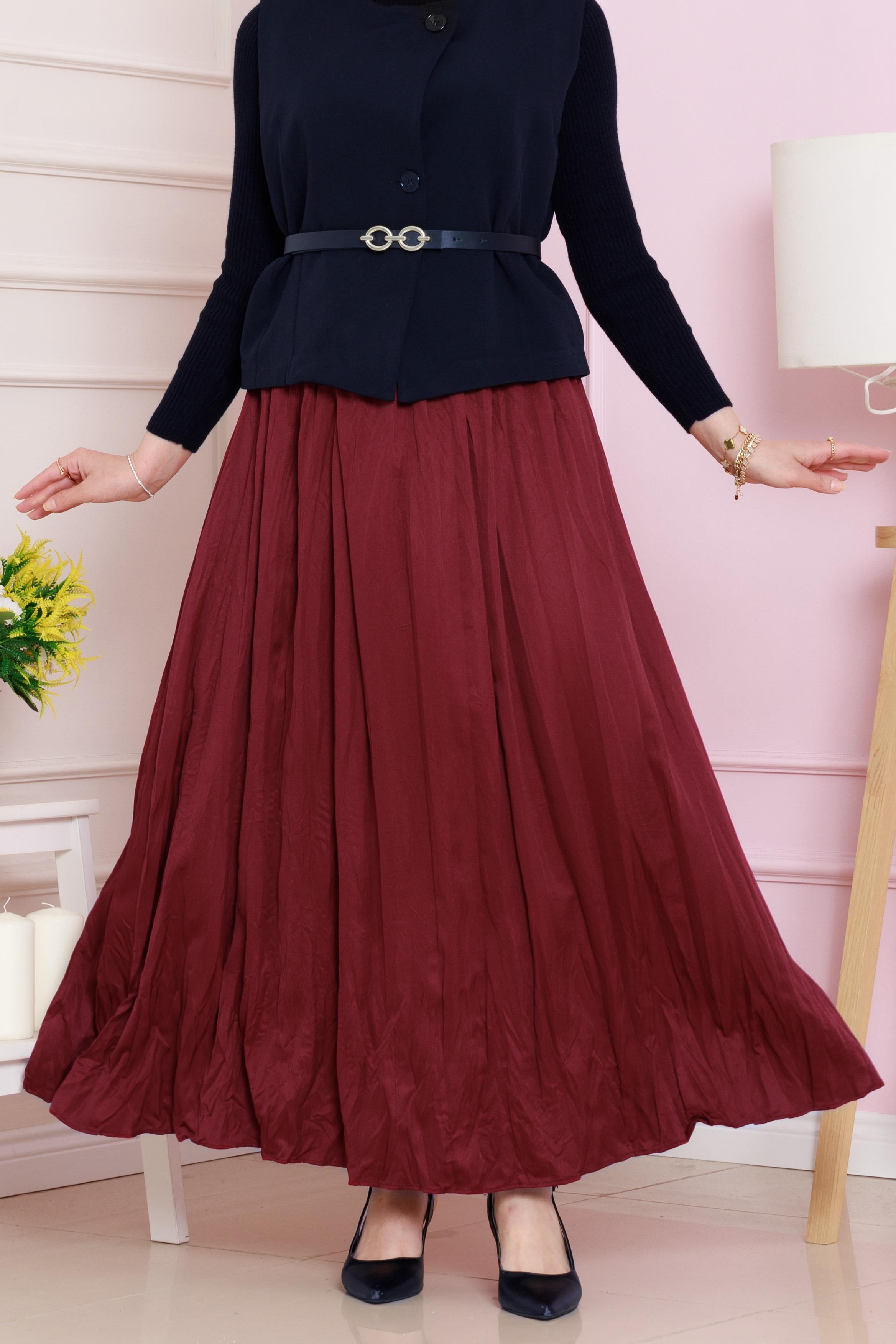 Pleated Skirt with Stretch Waist - claret red color