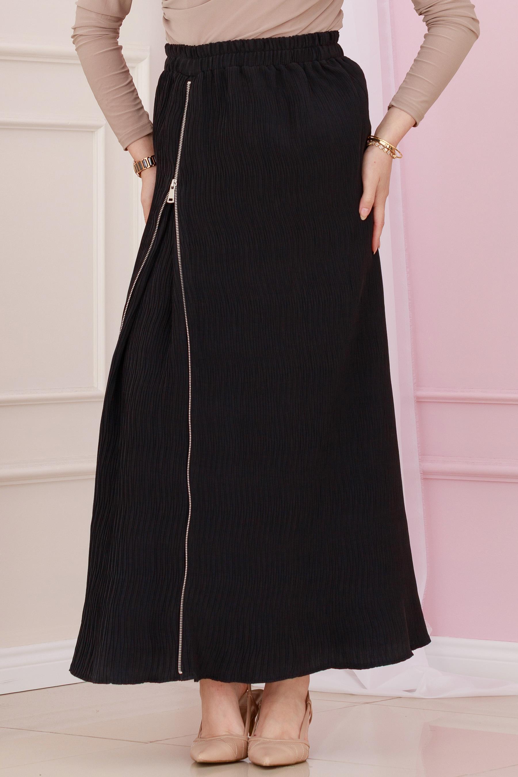 Elastic Waist Side Zipper Detail Skirt-Black color