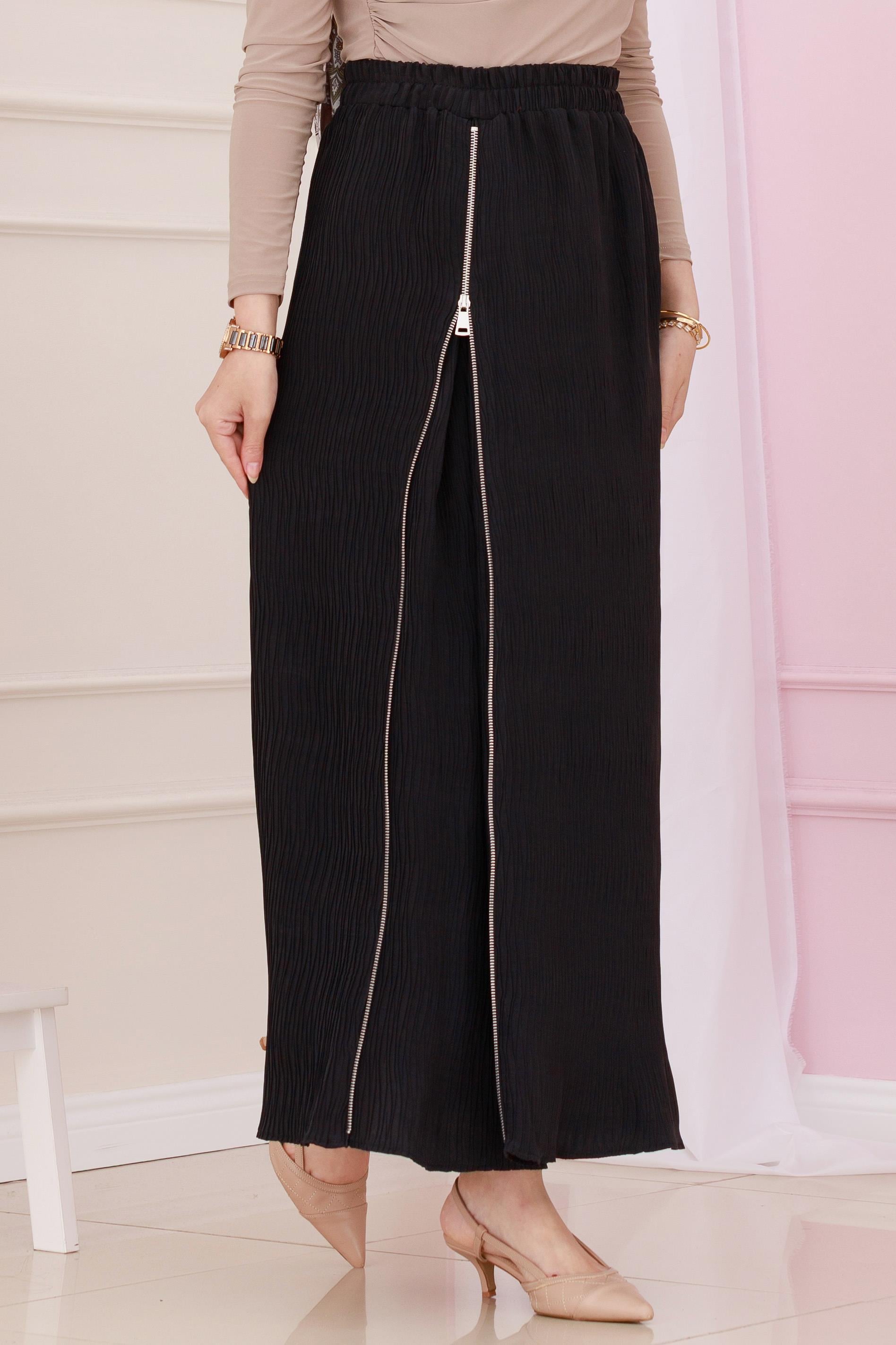 Elastic Waist Side Zipper Detail Skirt-Black color