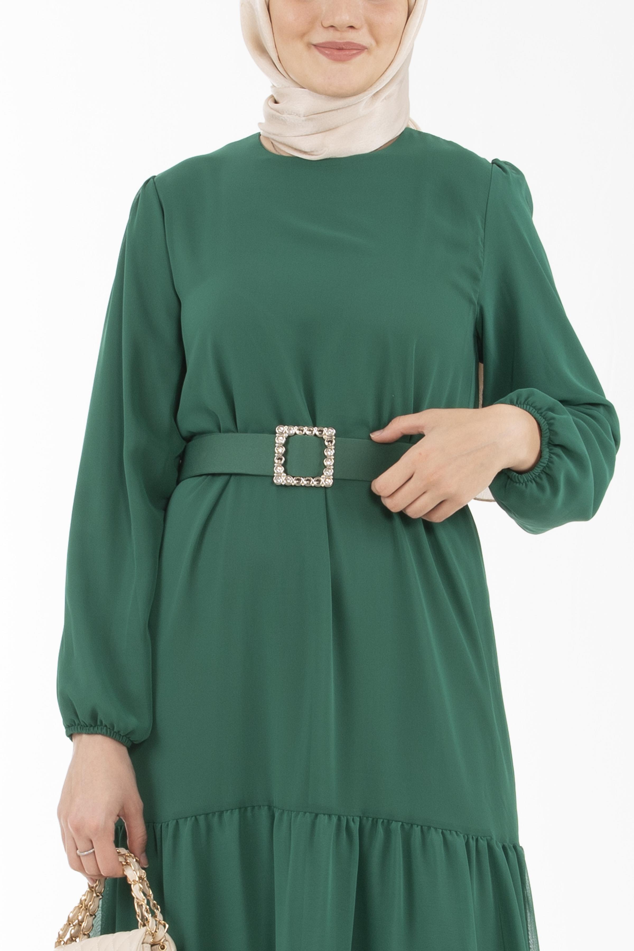 Stone-Embellished Belted Long Dress - Benetton Green color 
