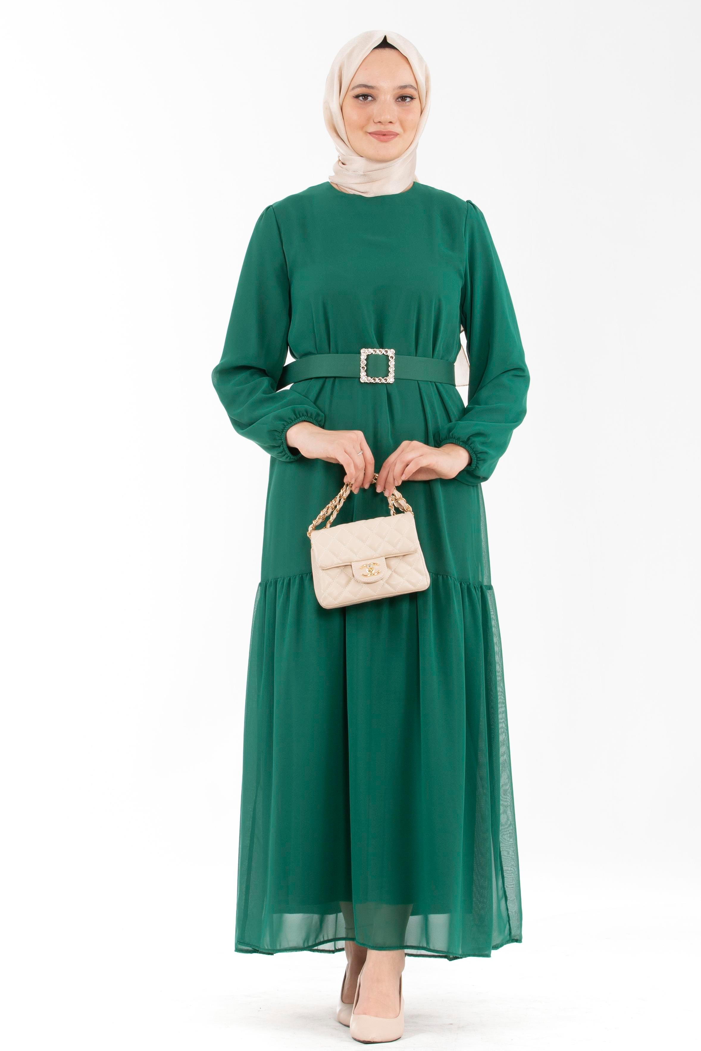 Stone-Embellished Belted Long Dress - Benetton Green color 