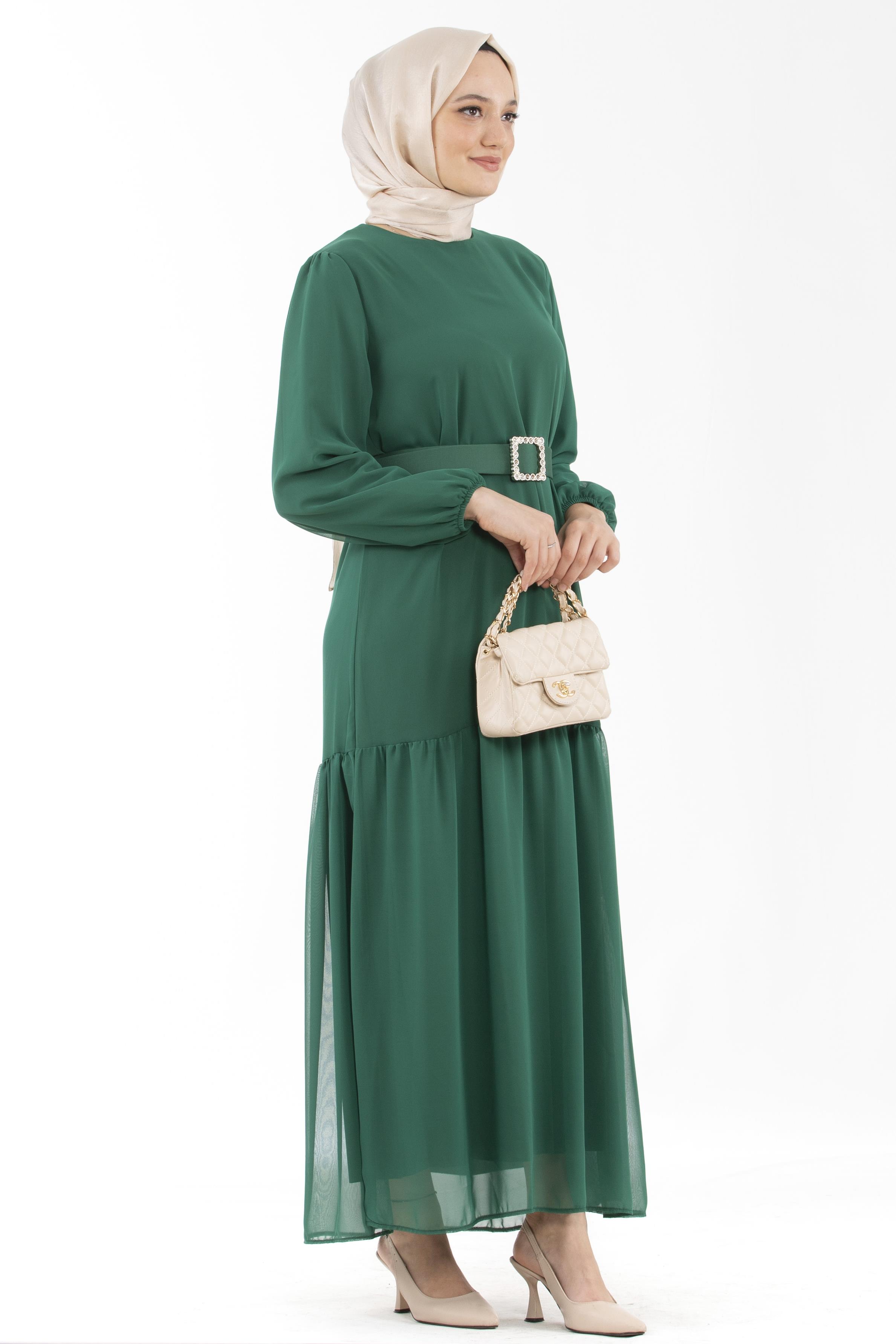 Stone-Embellished Belted Long Dress - Benetton Green color 