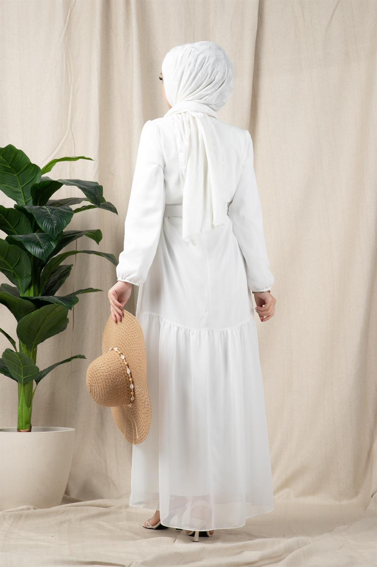 Stone Buckle Belt Long Dress-White