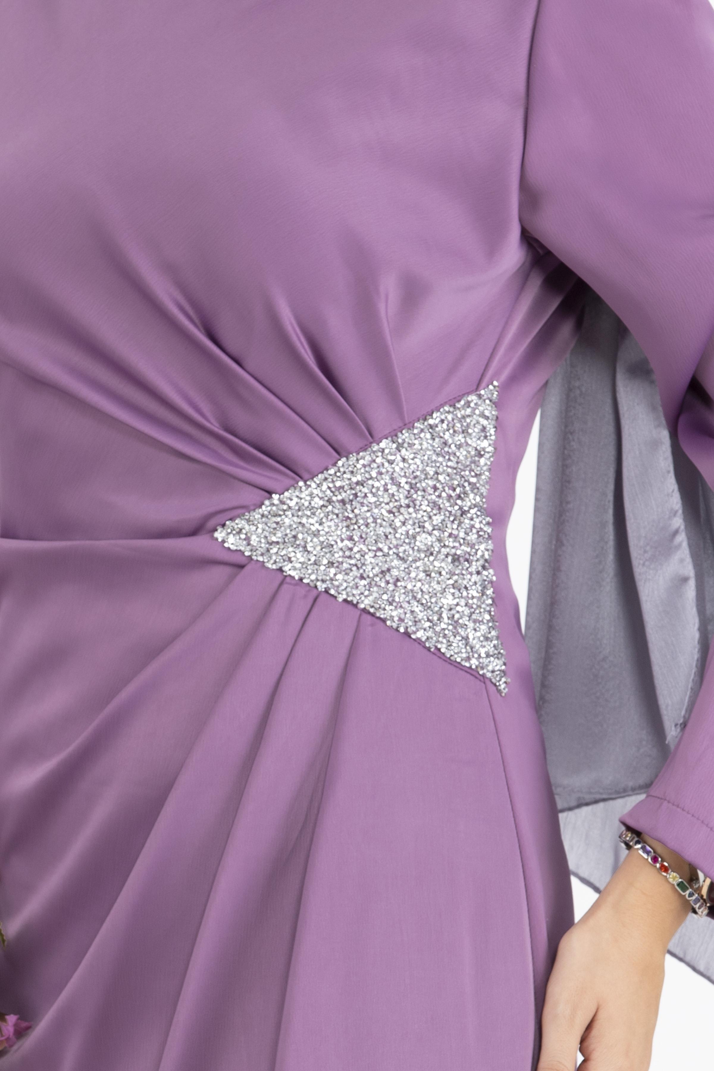 Beli Taşlı Saten Abiye-Lila