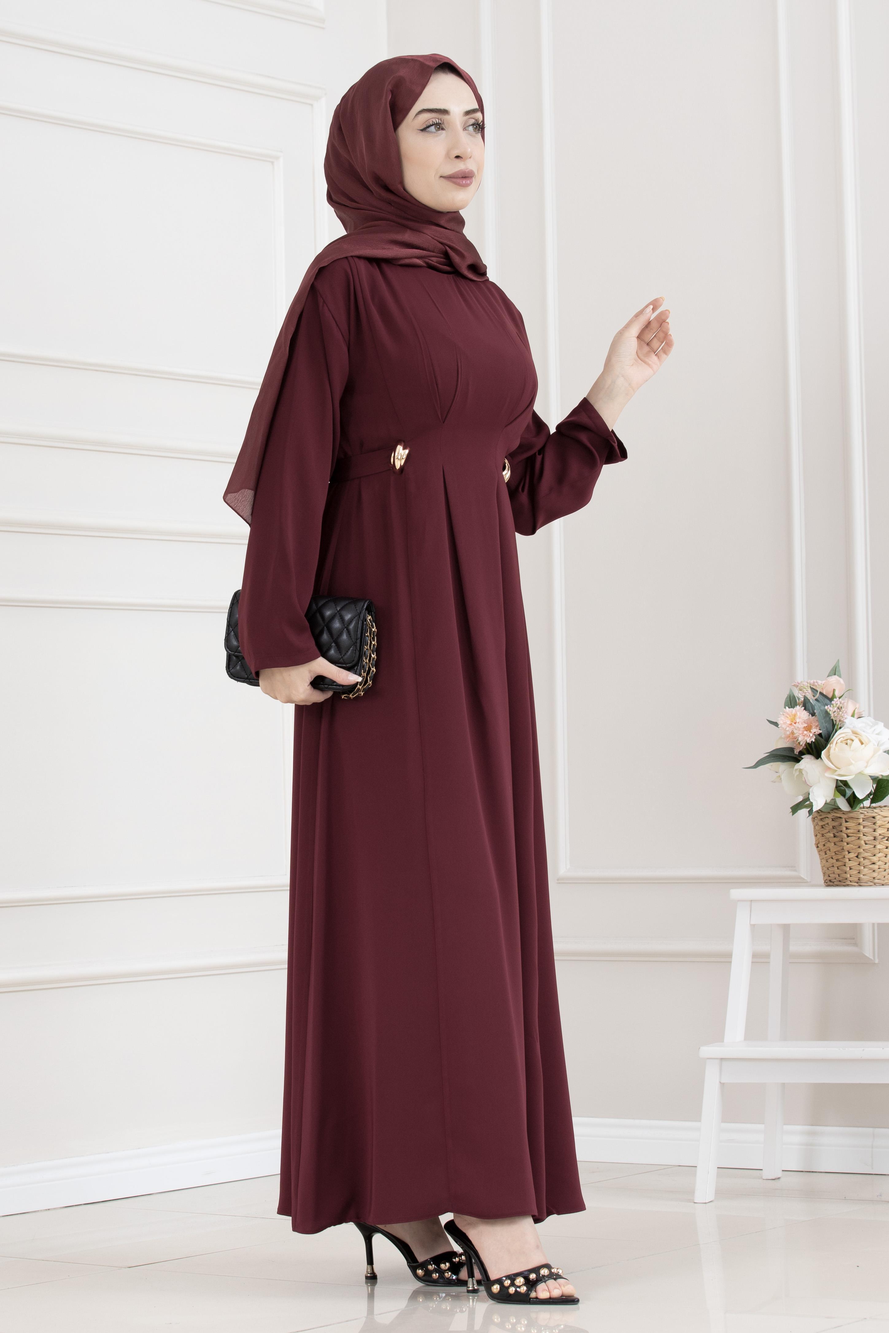 Beli Toka Detaylı Tesettür Elbise-BORDO