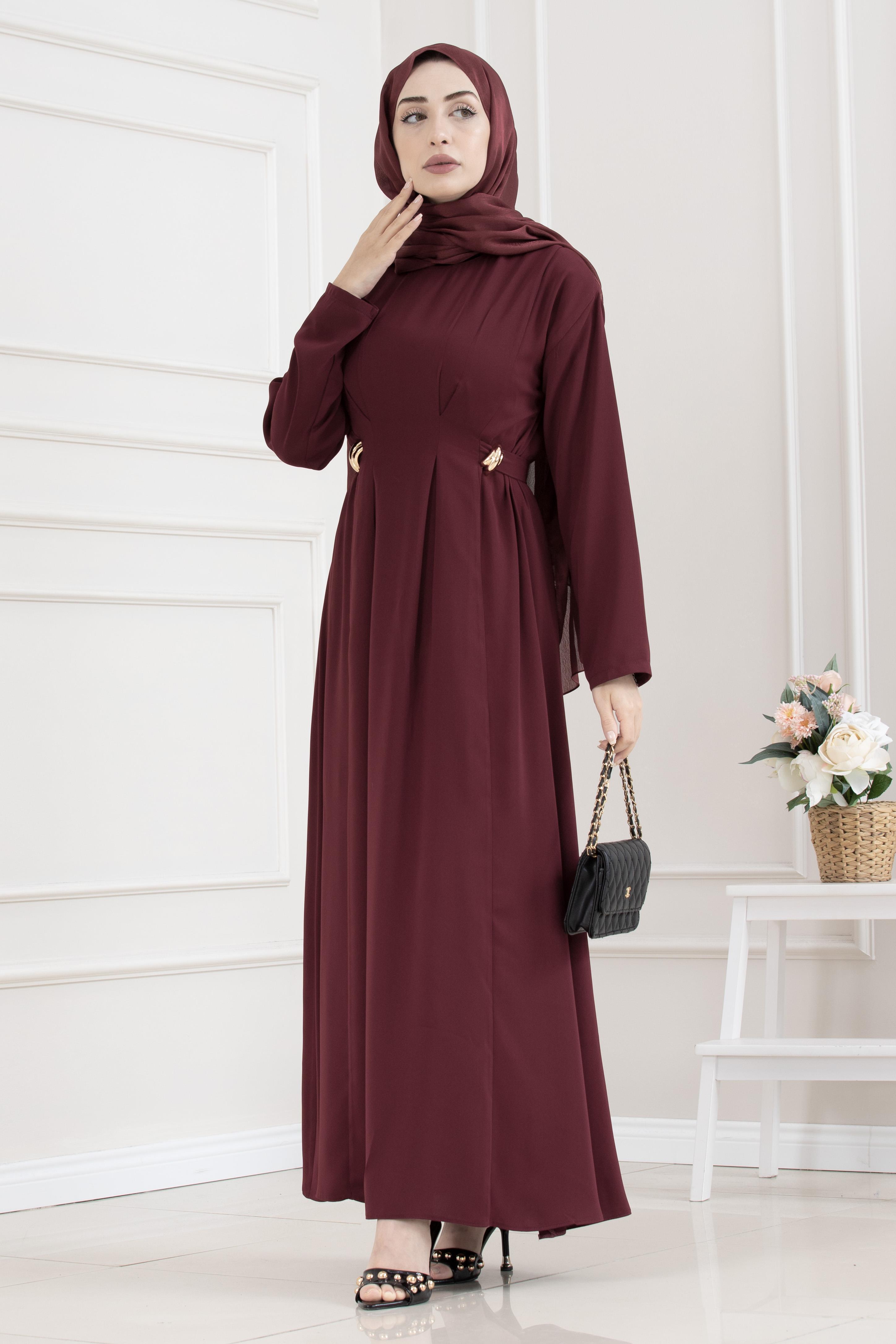 Beli Toka Detaylı Tesettür Elbise-BORDO