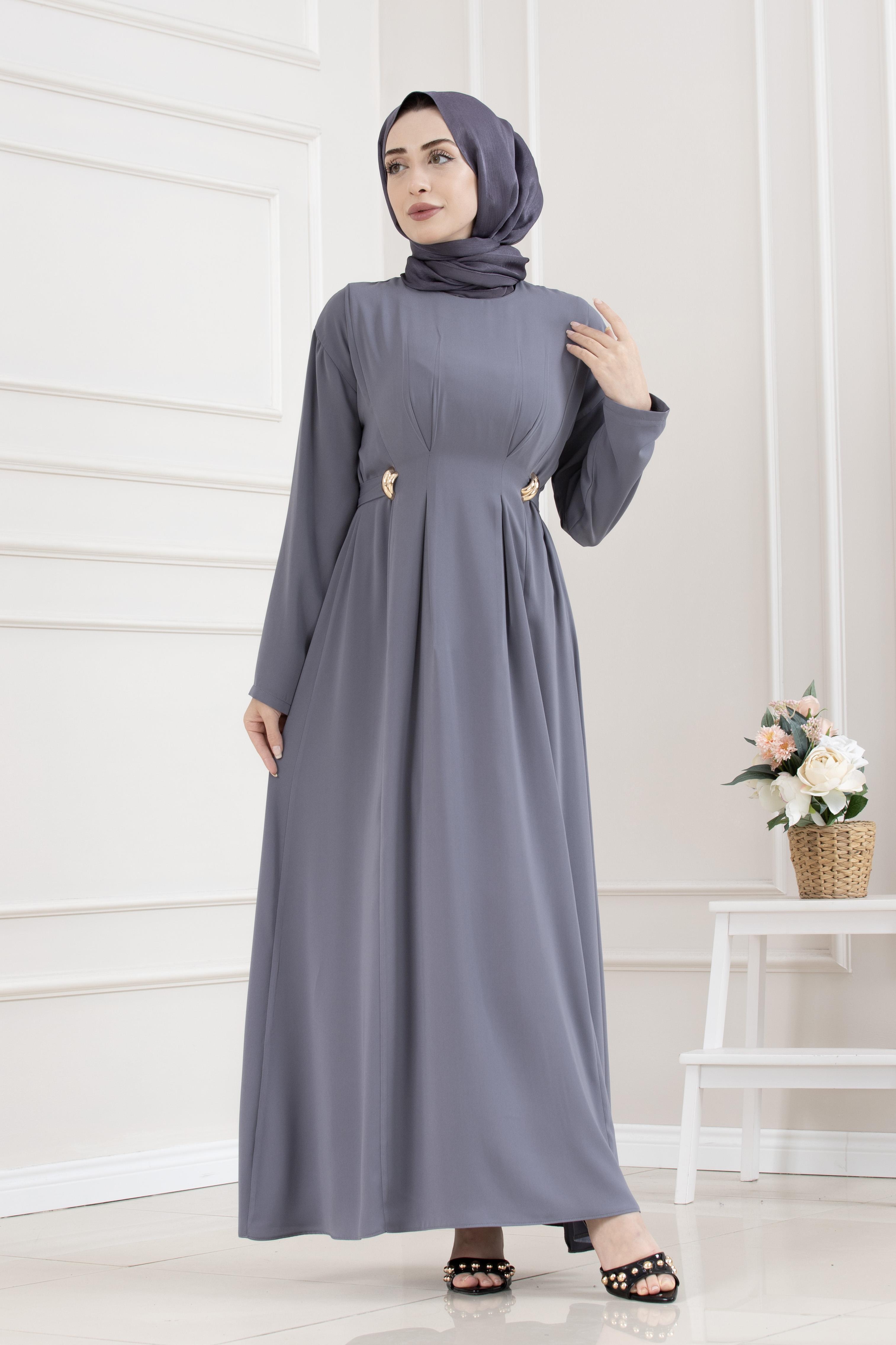 Beli Toka Detaylı Tesettür Elbise-GRİ
