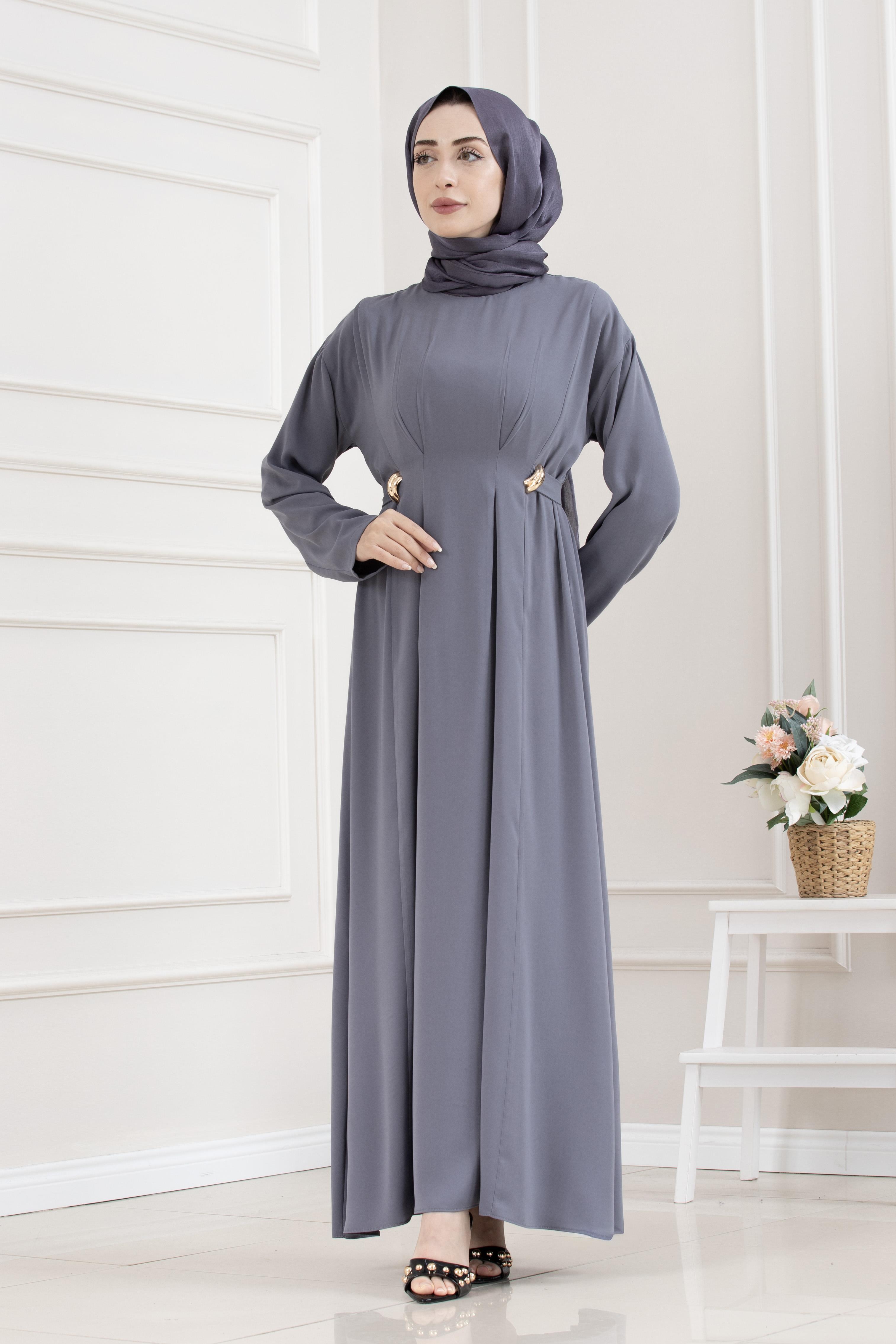 Beli Toka Detaylı Tesettür Elbise-GRİ