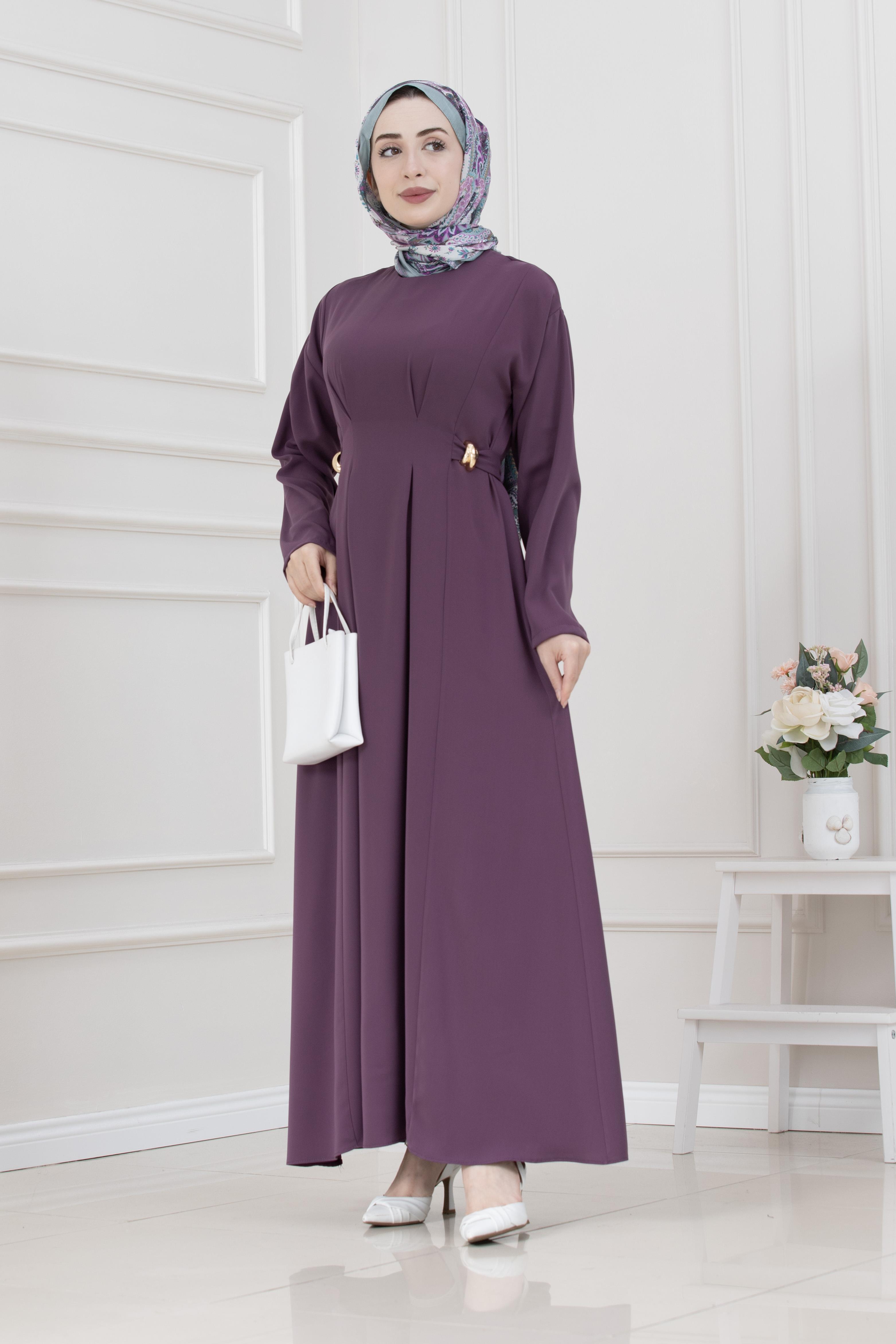 Beli Toka Detaylı Tesettür Elbise-MÜRDÜM