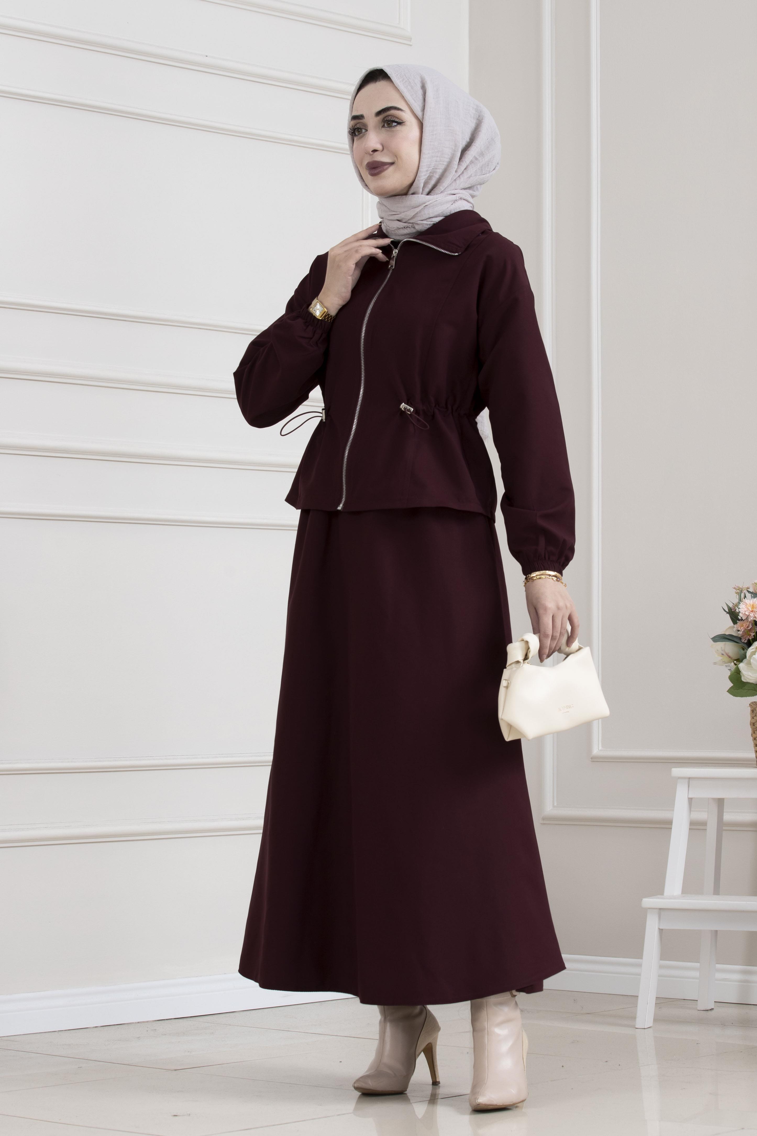 Beli Tünelli Fermuarlı Etekli Takım-BORDO