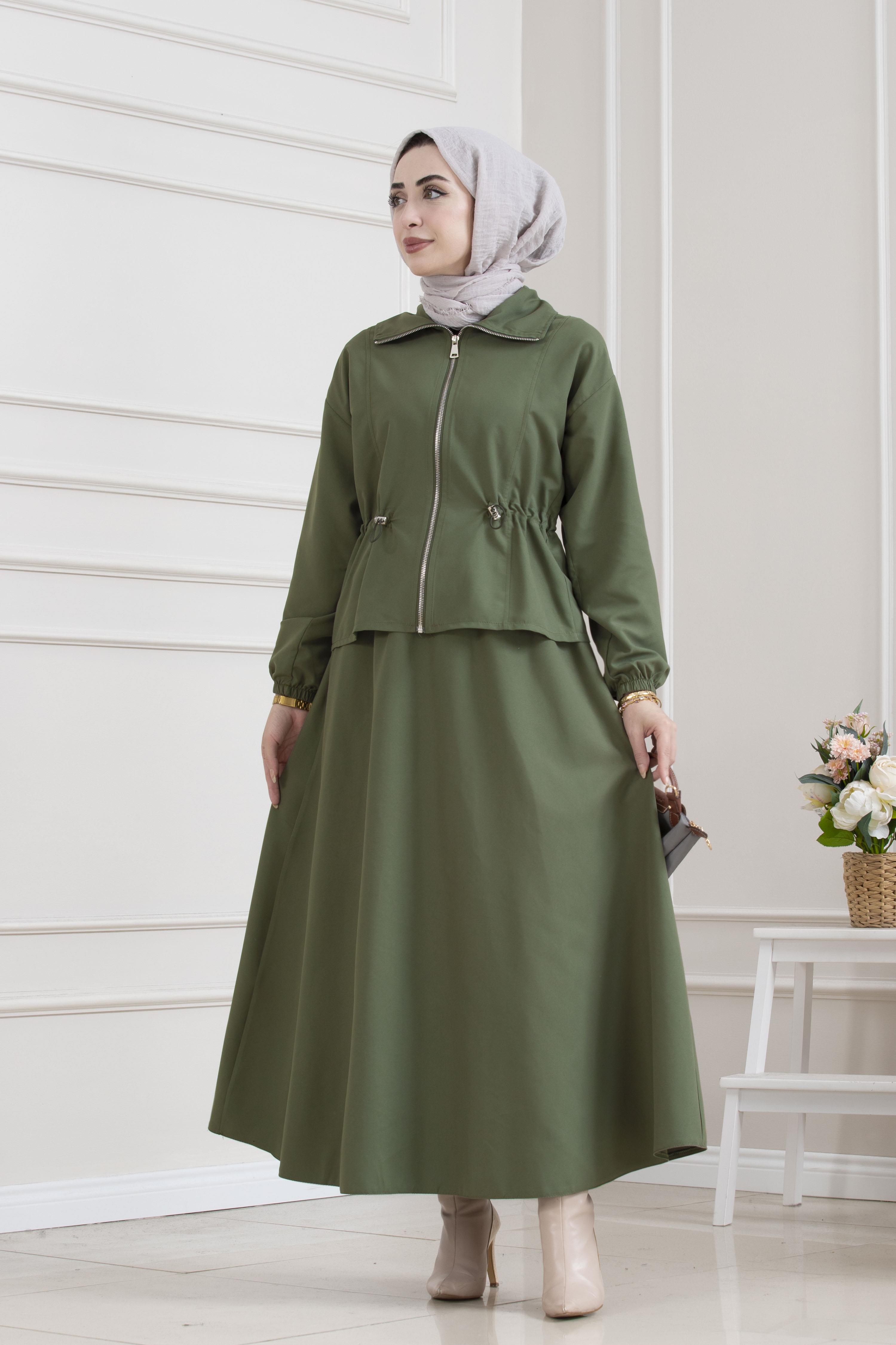 Beli Tünelli Fermuarlı Etekli Takım-HAKİ