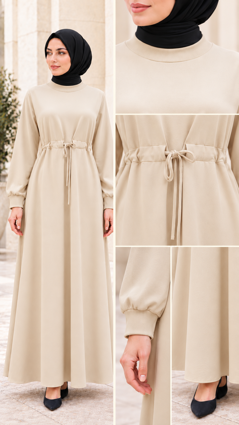 Dress with belt at the waist - Beige Color